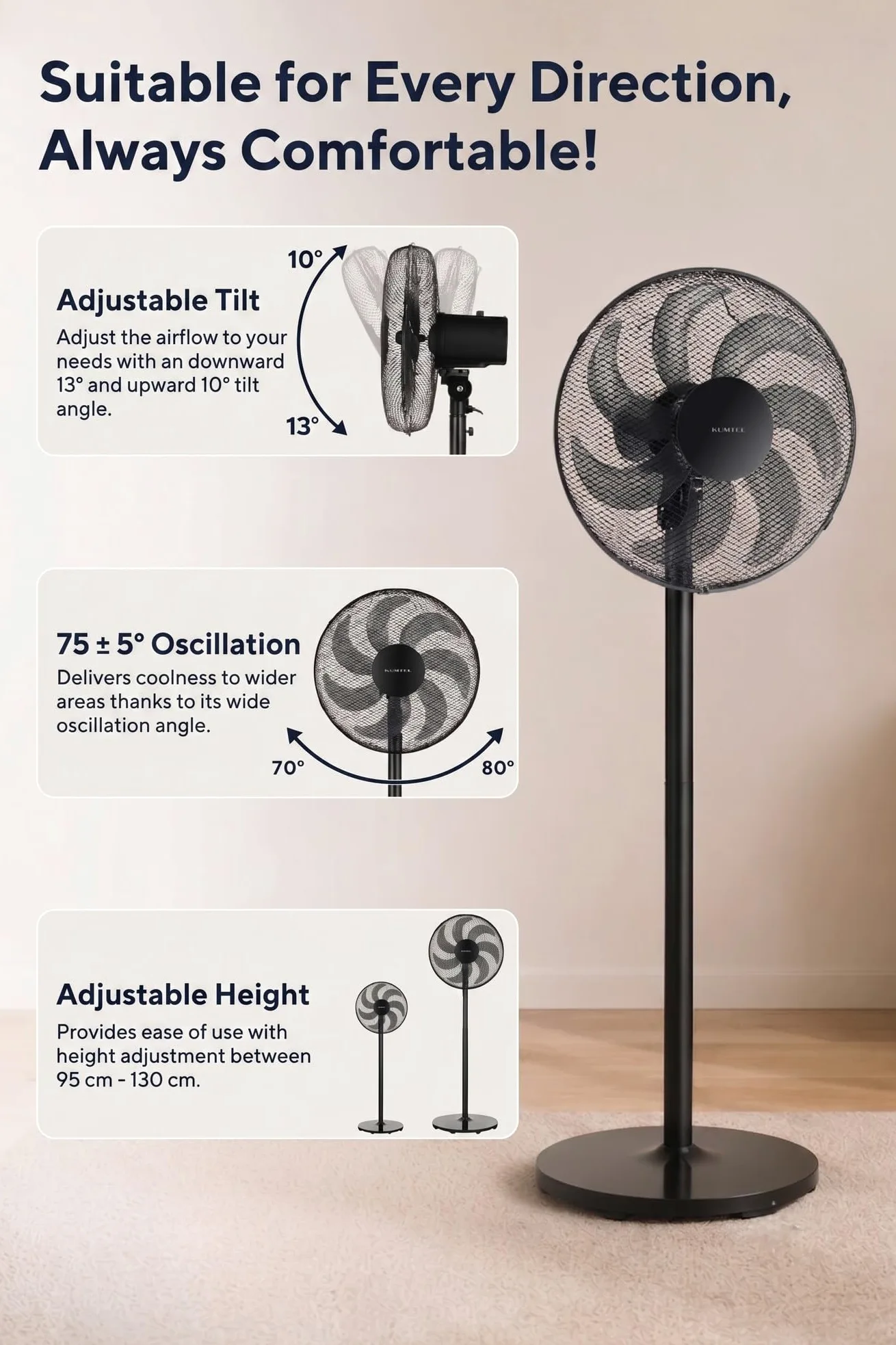 Opviq Kumtel Potente Ventilatore Nero 50W 130cm Altezza Regolabile 7 Pale 3 Velocità Silenzioso Motore In Rame Efficiente