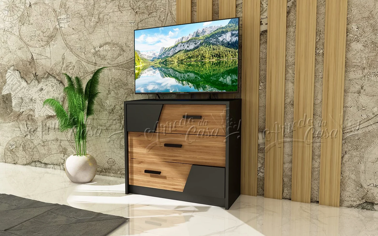 Camera da Letto Matrimoniale Completa Nera e Rovere Scuro con Armadio a 2 Ante Scorrevoli con Specchio Letto Matrimoniale 2 Comodini e 1 Comò CDLU33