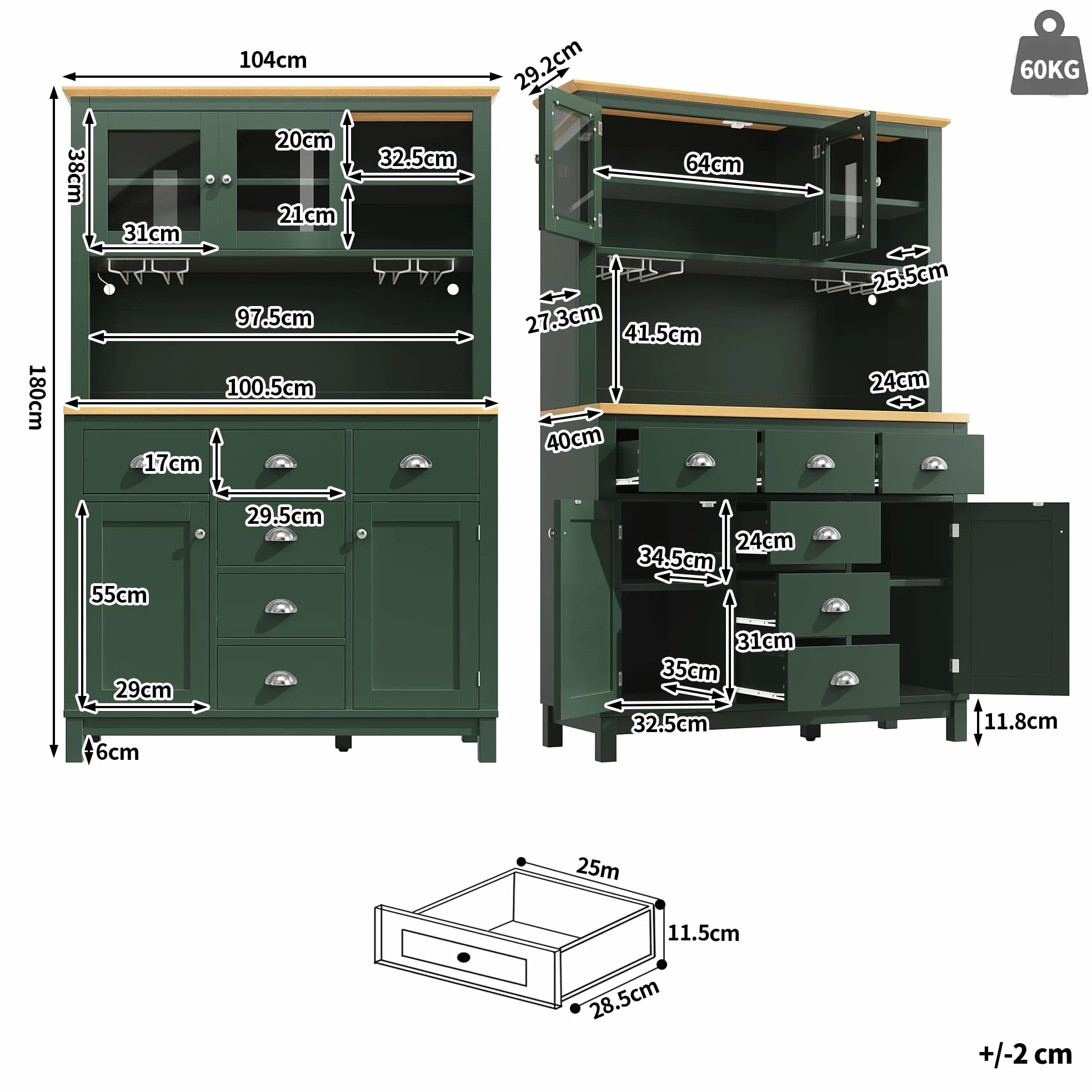 Credenza laterale/Armadietto/Armadietto da cucina/Buffet, 104 x 40 x 180 cm, stile country, 4 ante, con striscia luminosa a LED e portabevande, verde.