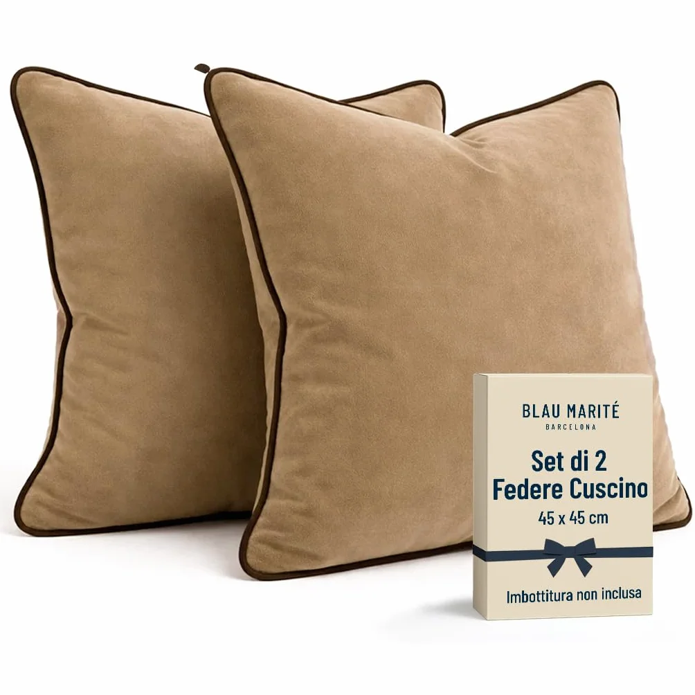 Set di 2 Fodere decorative per Cuscino. Modello OXFORD. Realizzate in velluto extra morbido. Design moderno con bordo a contrasto. Imbottitura non inclusa. (Camel/Marrone, 45x45cm)
