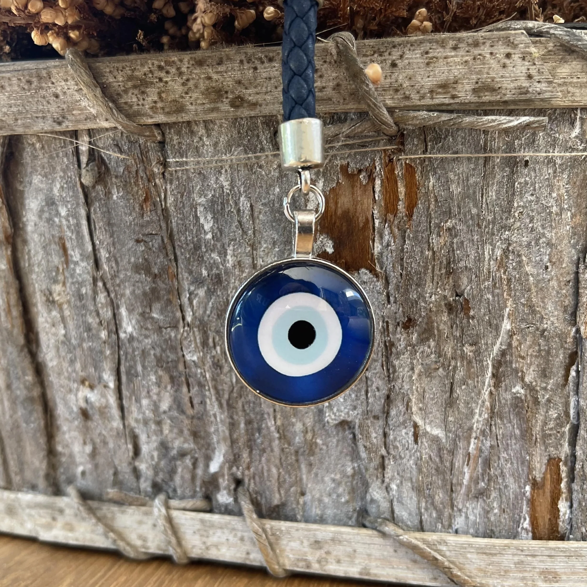 ASTER ALHELÍ Portafortuna Portachiavi Blu Occhio Turco Amuleto Malocchio Keychain Pelle Intrecciata Blu Argento Cuoio Uomo Donna