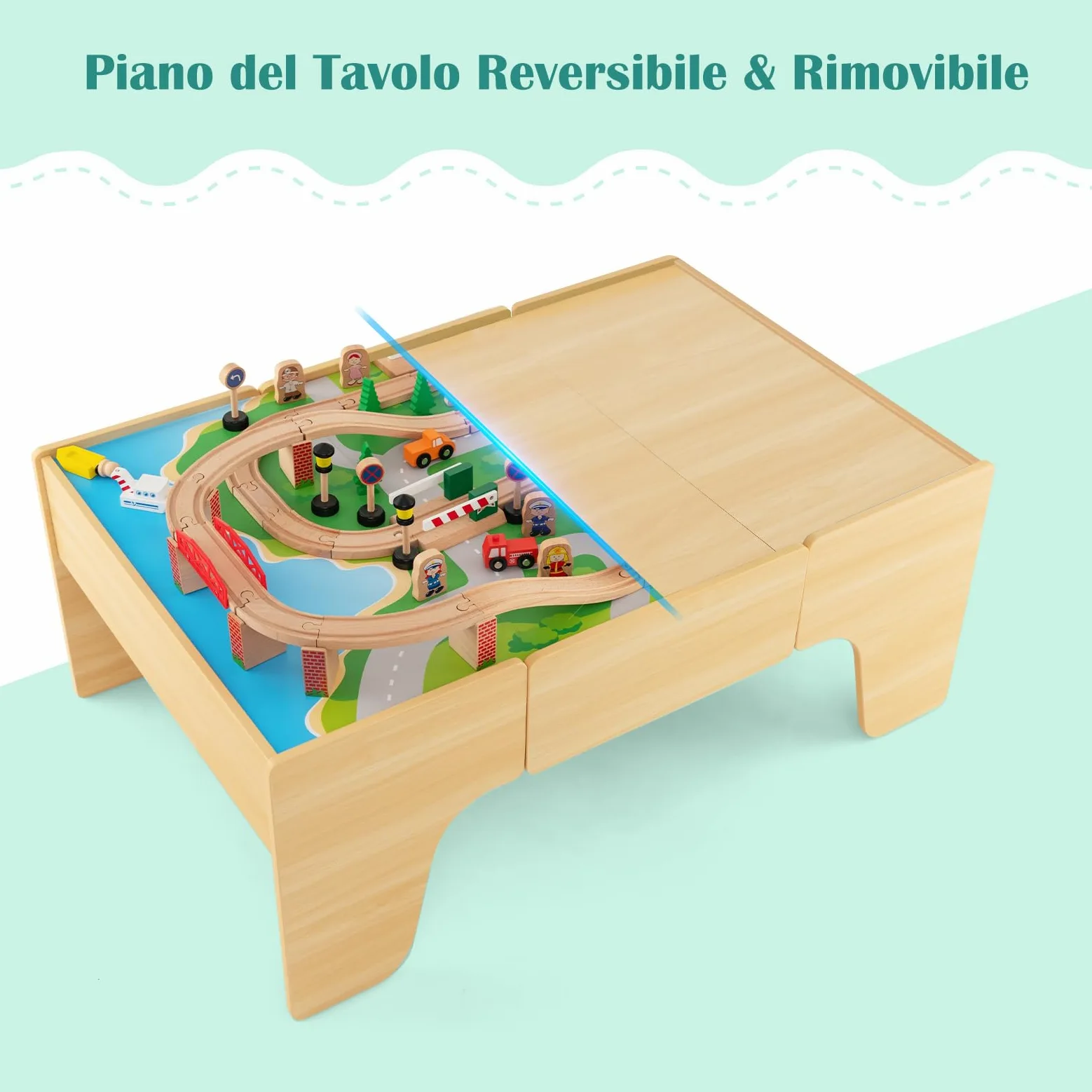 RELAX4LIFE Tavolo Attività in Legno per Bambini con Binari e Treno, da 84/80 Pezzi, Piano Reversibile e Rimovibile, Cassetto per Ragazzi e Ragazze (Naturale,84 pezzi)
