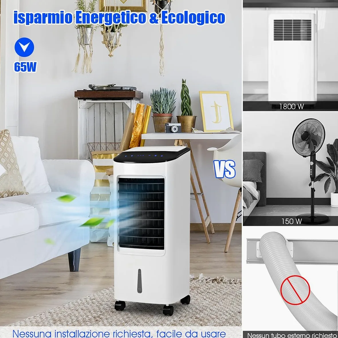 GYMAX Raffrescatore d'Aria senza Tubo, 65W Condizionatore Portatile con Ghiaccio e Acqua 7L, 3 in 1 Raffrescatore Evaporativo Oscillazione Automatica, Timer 7,5h Telecomando per Casa e Ufficio, Bianco