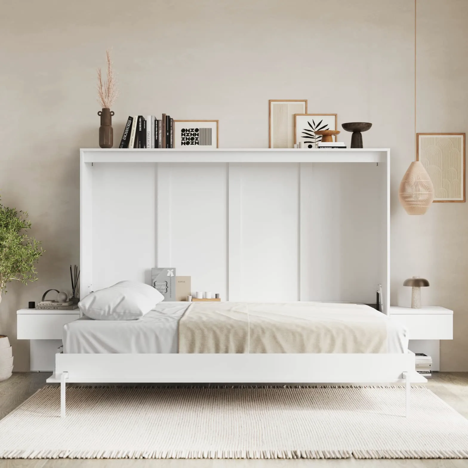SMARTBett Set Letto a Scomparsa Classico Orizzontale 160x200 con 2 Comodini Bianchi