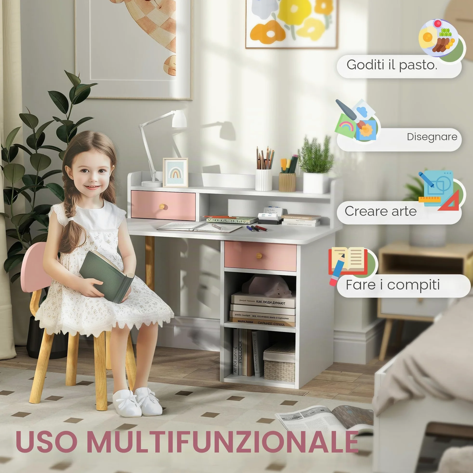 AIYAPLAY Set di scrivania e sedia per bambini +3 anni Scrivania per bambini con cassetti, scomparti e ripiani per la camera da letto e la sala studio Rosa e bianco