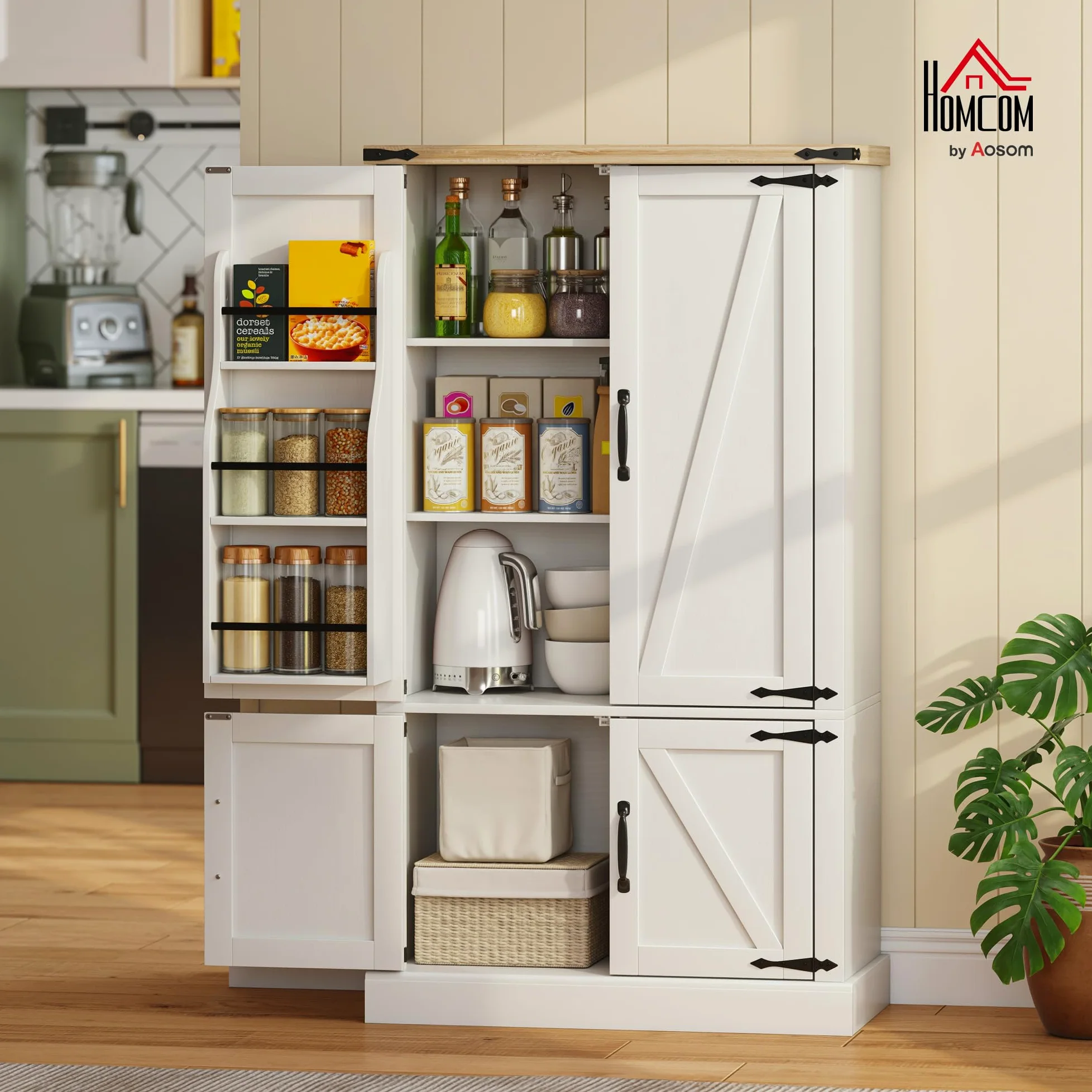 HOMCOM Credenza da cucina, mobile da cucina, mobile per porcellane, 4 ante, 6 portaspezie e ripiani regolabili, stile rustico, mobile contenitore per soggiorno, sala da pranzo, 76,3 x 40 x 136 cm,