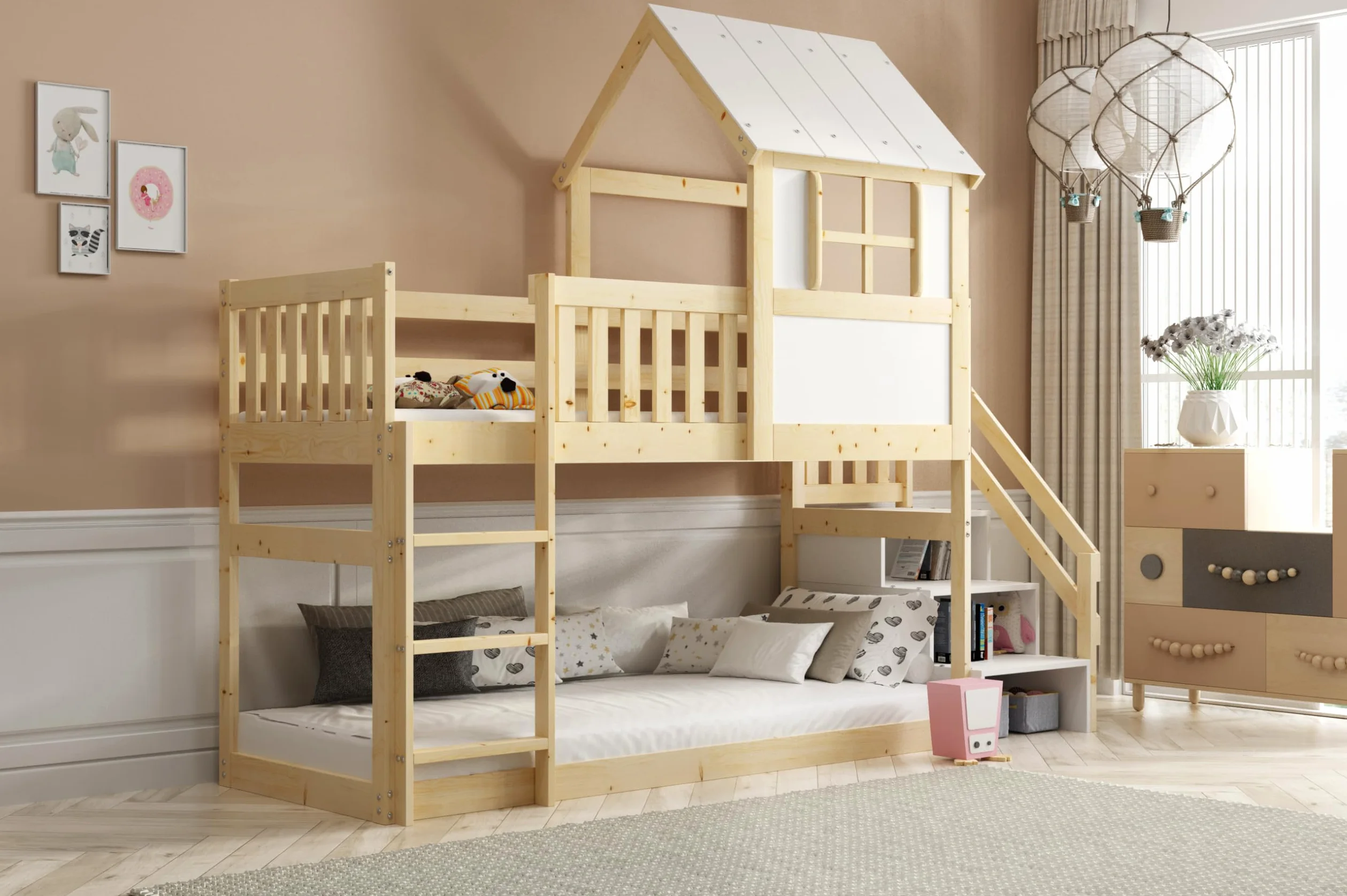 Interbeds Letto a soppalco con scivolo e scaletta, letto a castello, letto in legno, letto per bambini con rete a doghe, letto gioco (con scaletta) (Soppalco con scale)