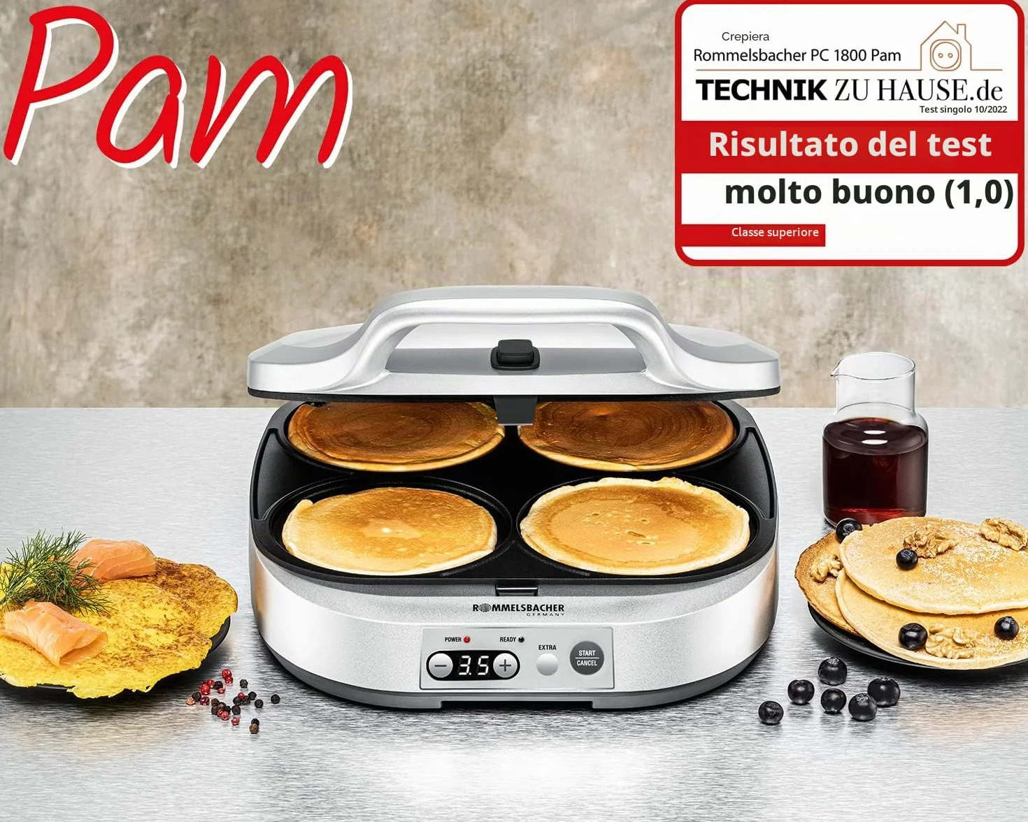 ROMMELSBACHER Pancake Maker PC 1800, 1800W, 4 piastre 13,5 cm, antiaderente, timer 15 min, spegnimento automatico, argento