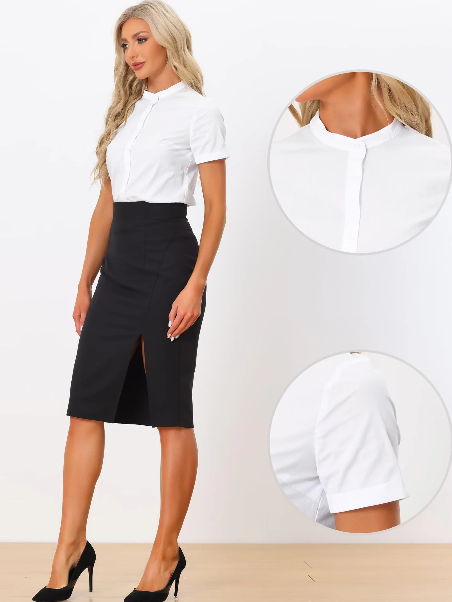 Allegra K Donna Body Con Bottoni Per Camicia Da Lavoro Da Ufficio A Maniche Corte Con Colletto Alla Coreana