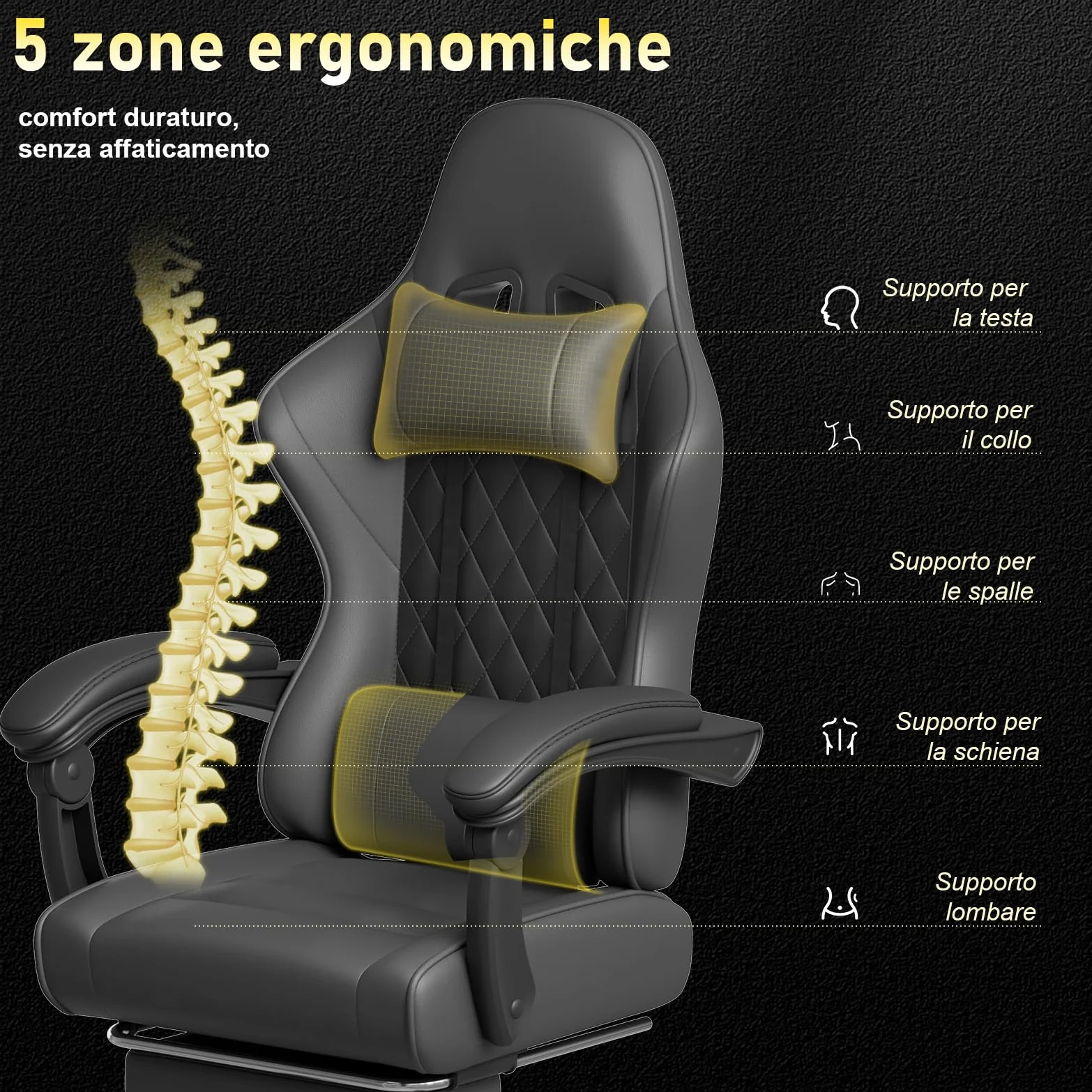 JUMMICO Sedia da Gaming Massaggiante con Poggiapiedi Telescopico, Sedia Gamer con Cuscino Lombare & Poggiatesta, Ergonomica Sedia da Ufficio Schienale Regolabile, Portata 150 kg (Nero)