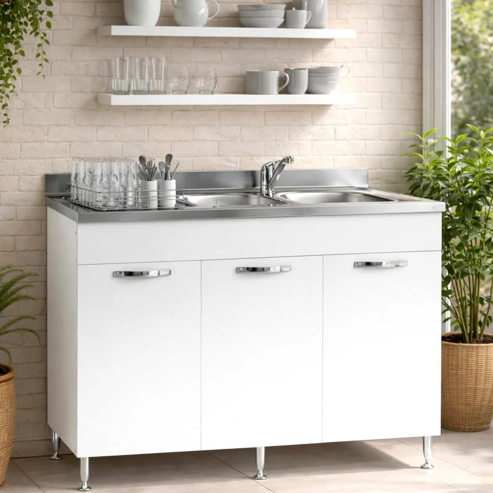 Linea Azzurra Sottolavello 120 Solo Mobile Cucina con 3 Ante in Legno Made in Italy H85xL120xP50 cm Facile da Montare (Vasca a Sinistra, Bianco Frassinato)