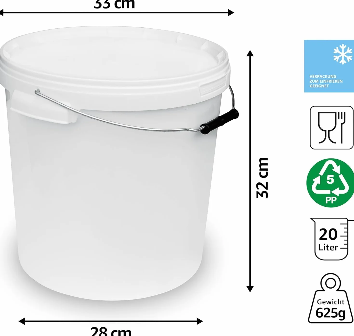 Secchio in plastica, 20 litri, bianco traffico, con coperchio per alimenti trasporto box manico in metallo latte milk