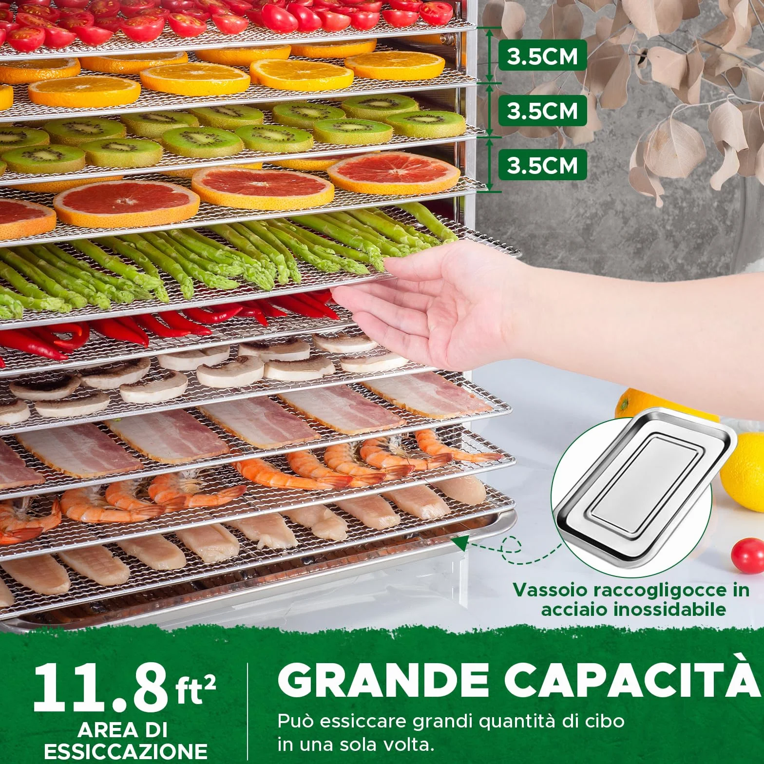 Kwasyo Essiccatore Alimentare in Acciaio Inox DA 1000, superficie di essiccazione XXL 1,8 m², temperatura regolabile 30-90℃, display LED, 24 ore, senza BPA, con ricettario, 10 vassoi in acciaio inox