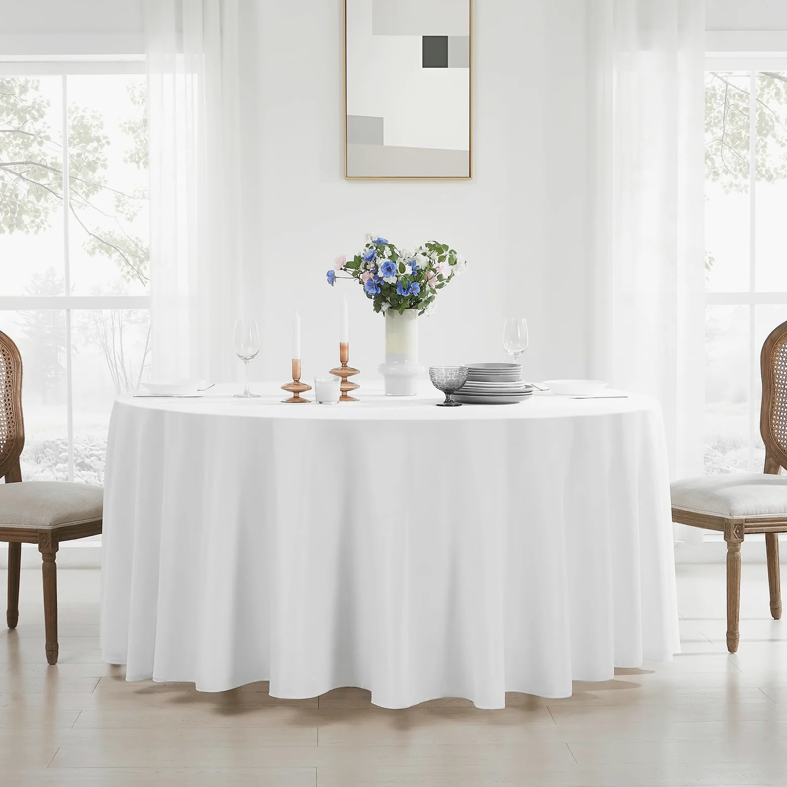 Confezione da 8 tovaglie rotonde bianche da 332 cm per tavoli da pranzo | Tovaglia lavabile, decorativa, in lino, poliestere, per banchetti, buffet, feste, matrimoni