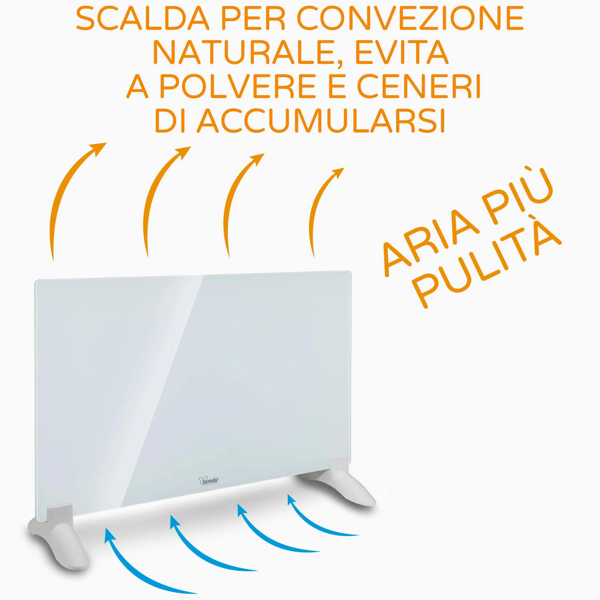 Bimar HC508 Termoconvettore a Muro o Pavimento, Riscaldatore Convezione Naturale, Corpo Metallo e Pannello Frontale in Vetro, Stufa Elettrica da Parete, Protezione IP24 (Spruzzi Acqua)