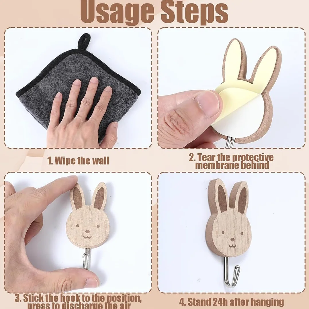 Ganci Autoadesivi per Bambini a Forma di Animale, Ganci in Legno, Appendini per Asciugamani e Cappelli, Set da 6 Pezzi per Bagno e Camera