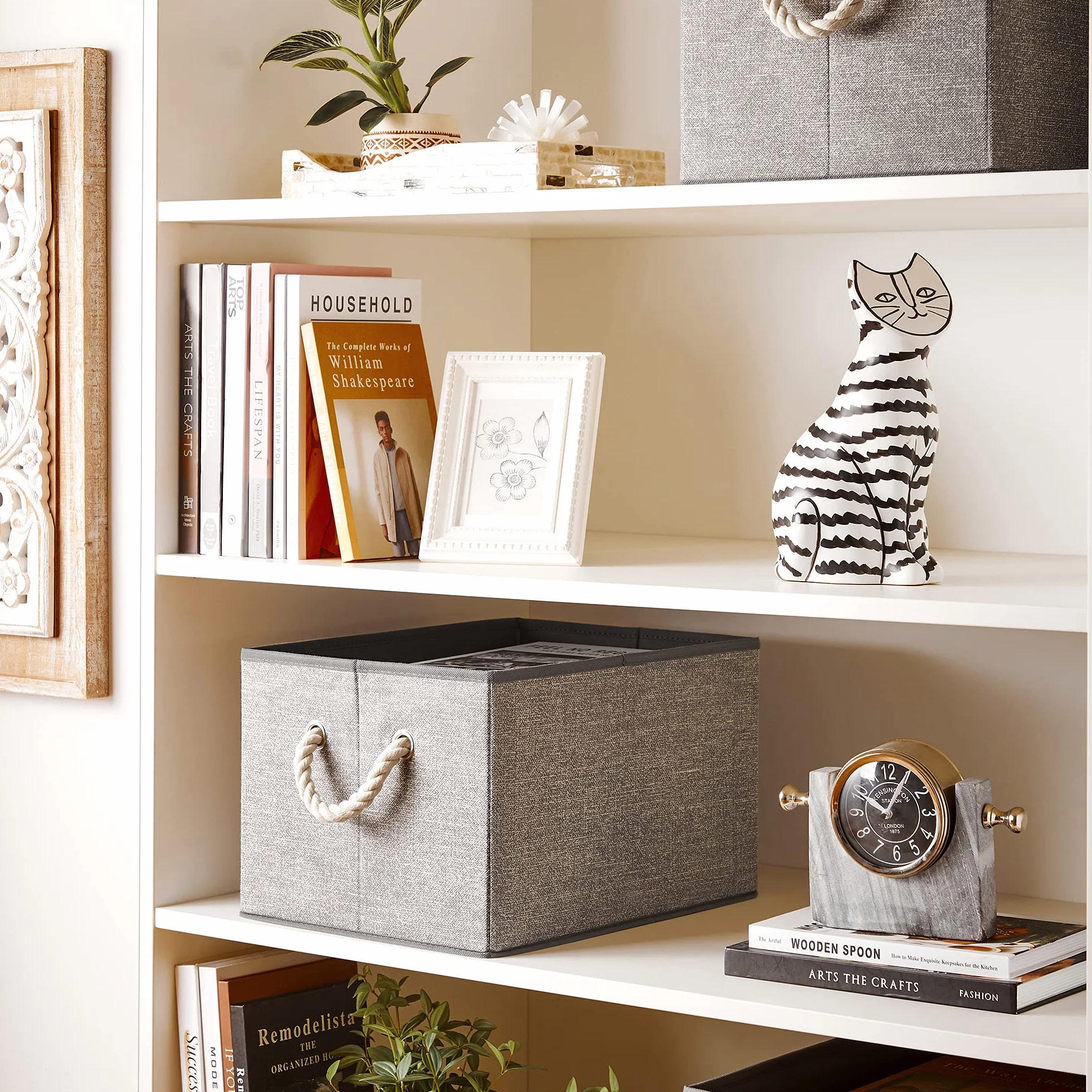 SONGMICS Scatole Portaoggetti in Tessuto, Set di 3 Contenitori con Manico, senza Coperchio, Organizzatori, 40 x 30 x 25 cm, Effetto Simil Lino, Grigio RFB013G01