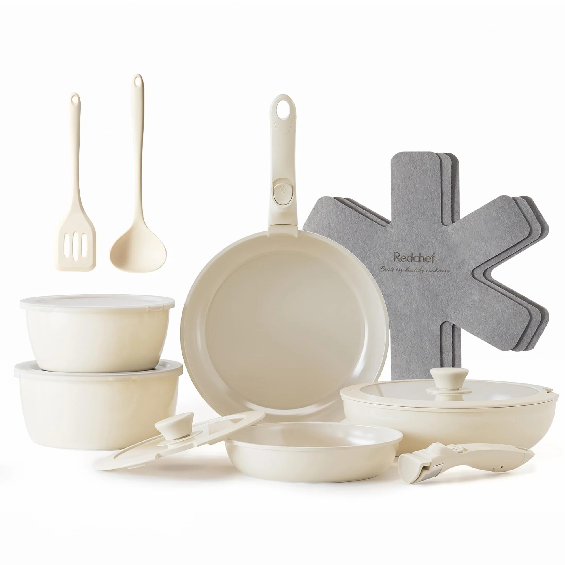 Redchef Set di Pentole in Ceramica 16 Pezzi, Padelle Antiaderente con Manico Rimovibile, Bianco