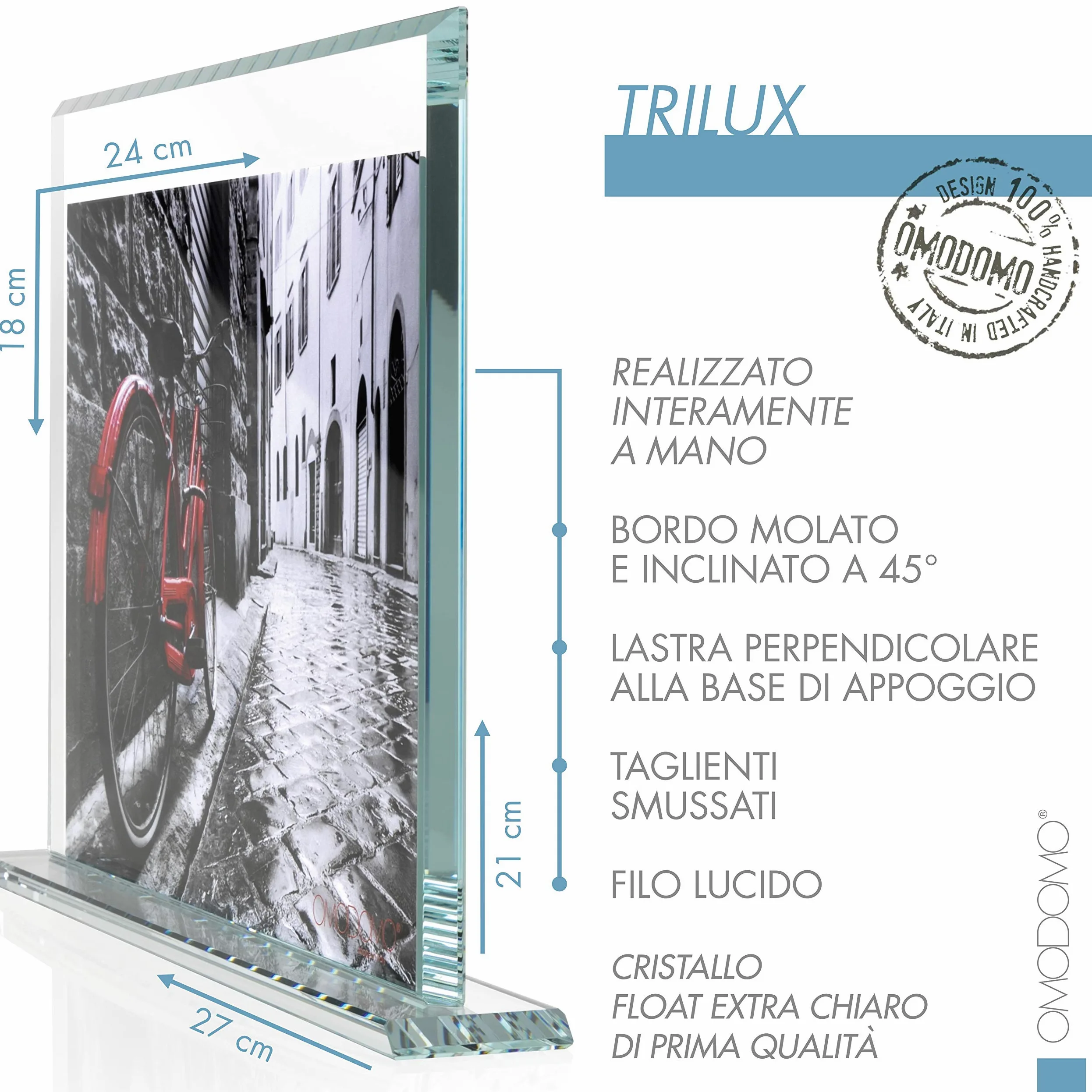 OMODOMO - Cornice di Cristallo per Foto 24x18 cm, Realizzata a Mano in Italia. Portafoto da Tavolo, Idea Regalo per Anniversario Matrimonio, Laurea, Nozze d'Oro, Cresima. Modello Trilux.