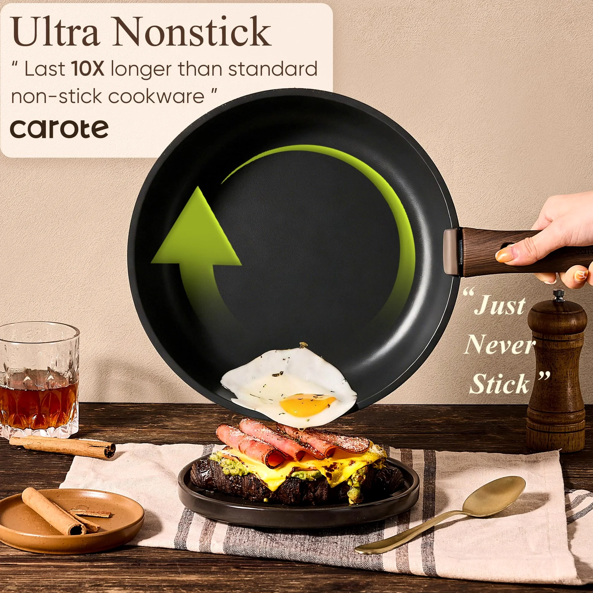 CAROTE Set di pentole e padelle antiaderenti, con manico staccabile, 19 pezzi | Compatibile con induzione, lavabile in lavastoviglie e forno, salvaspazio, per campeggio, camper, viaggi, set da cucina, nero