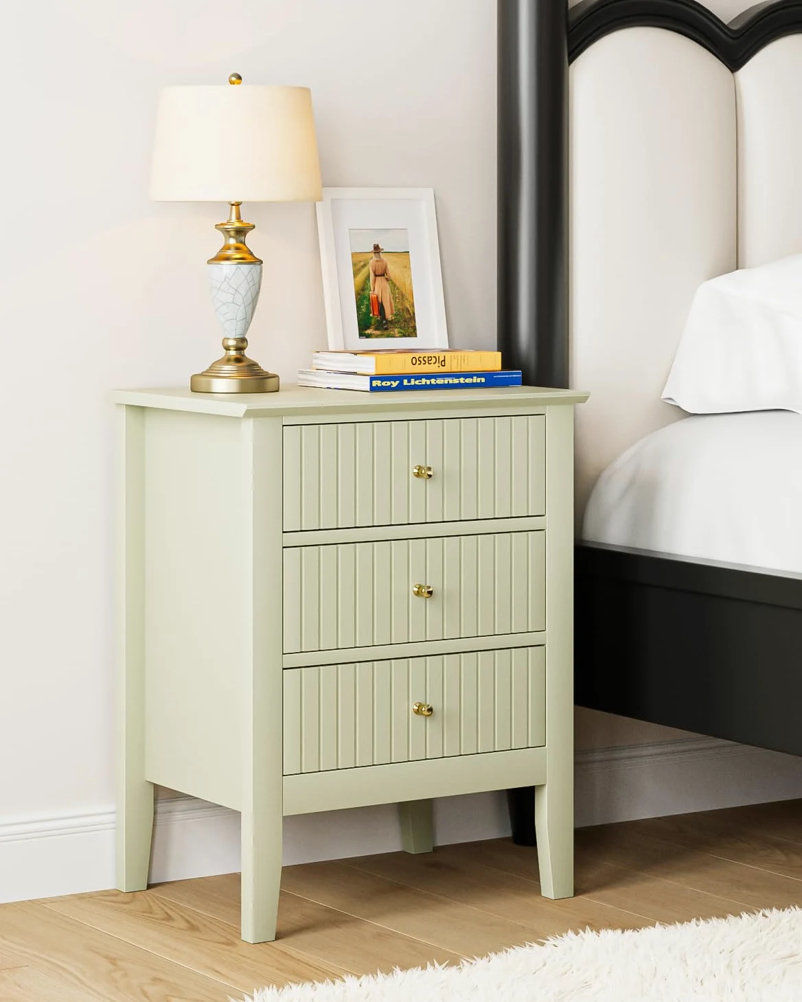 HEYZOEY Comodino con 3 cassetti, comodino, cassettiera, tavolino per camera da letto e soggiorno (verde pistacchio, 45 x 33 x 61 h)