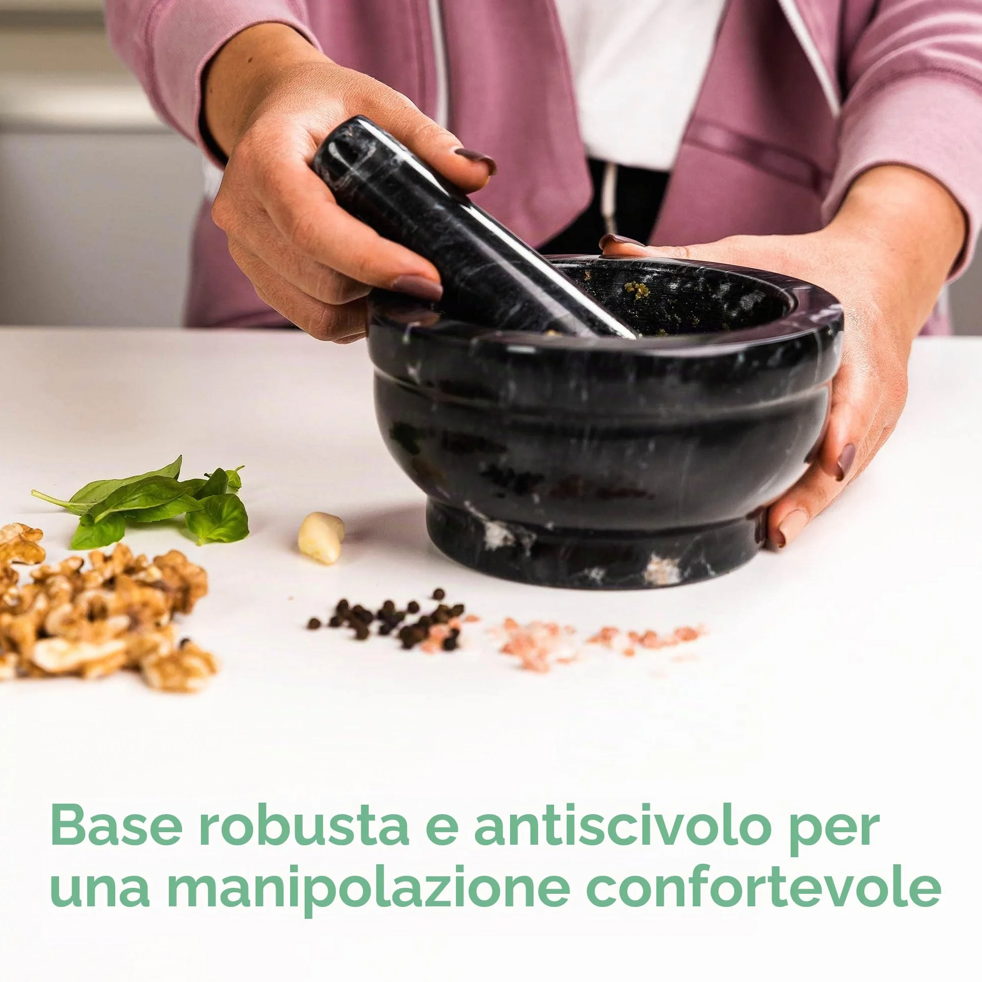 Mortaio con Pestello Marmo 15x8cm Pietra Naturale Nera per Pesto e Piante Aromatiche