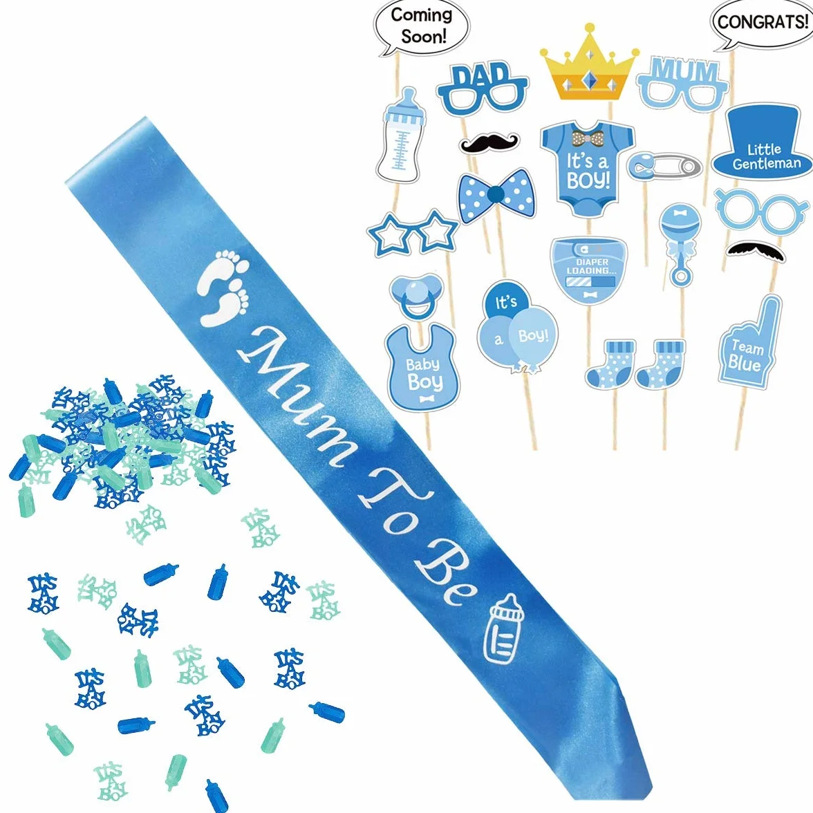 Jonami Decorazioni Festa Nascita Bambino Fascia Futura Mamma Mum To Be Blu + Foto Booth Props Accessori Foto Divertenti + Coriandoli da Tavolo Accessori Battesimo Baby Shower
