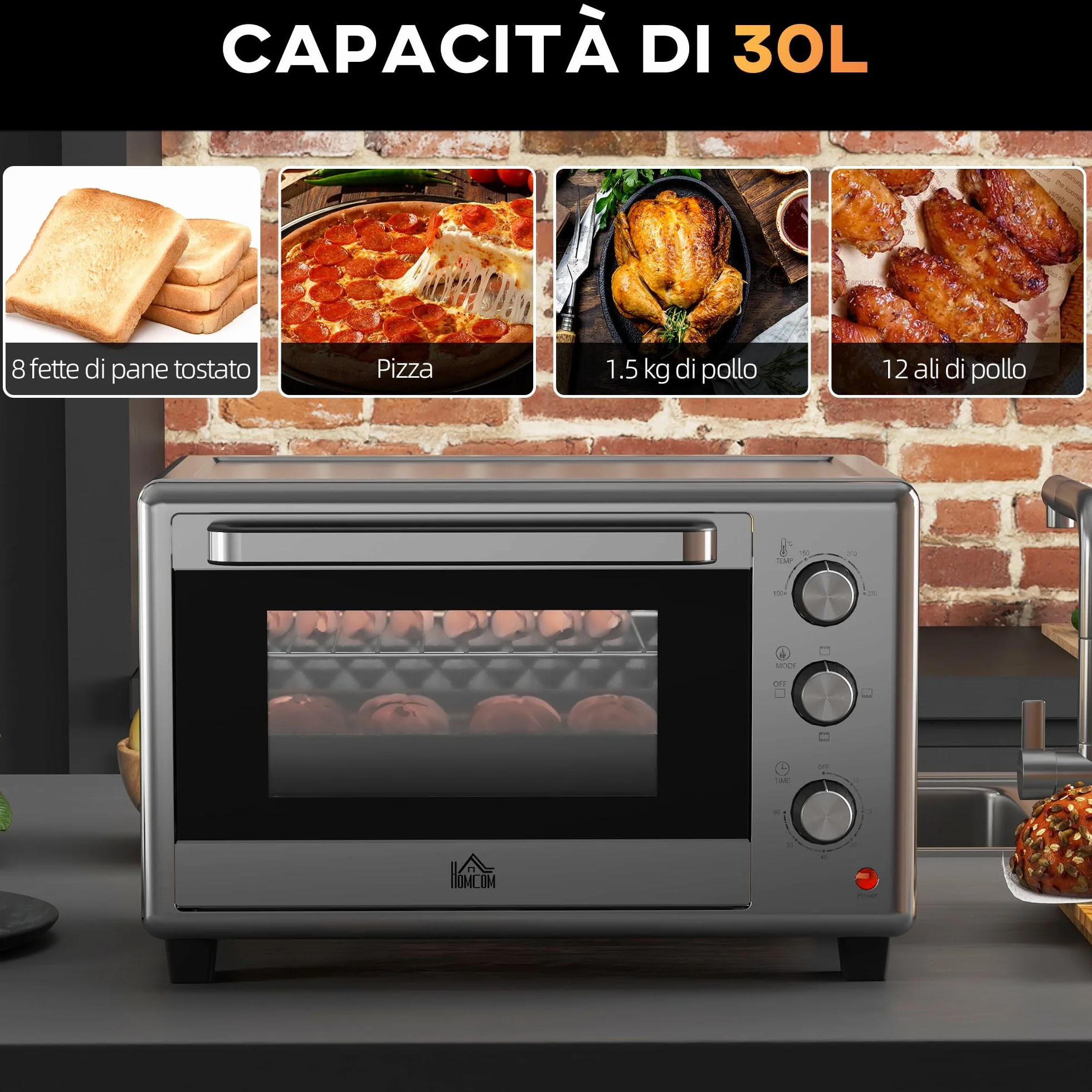 HOMCOM Fornetto Elettrico 30L, Mini Forno Elettrico 1600W, Argento