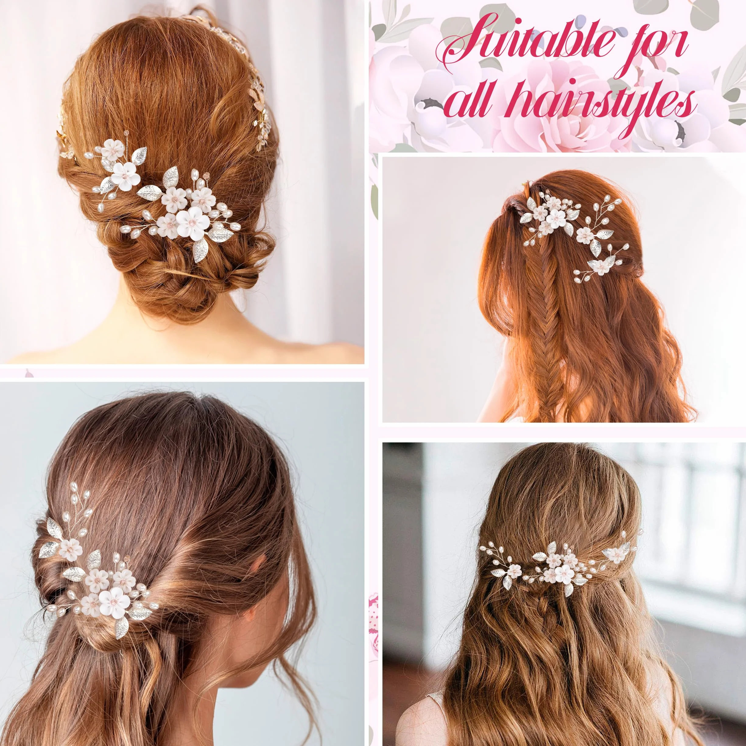 Fermagli per Capelli Fiori Perle Spille da Sposa Argento 5 Pezzi