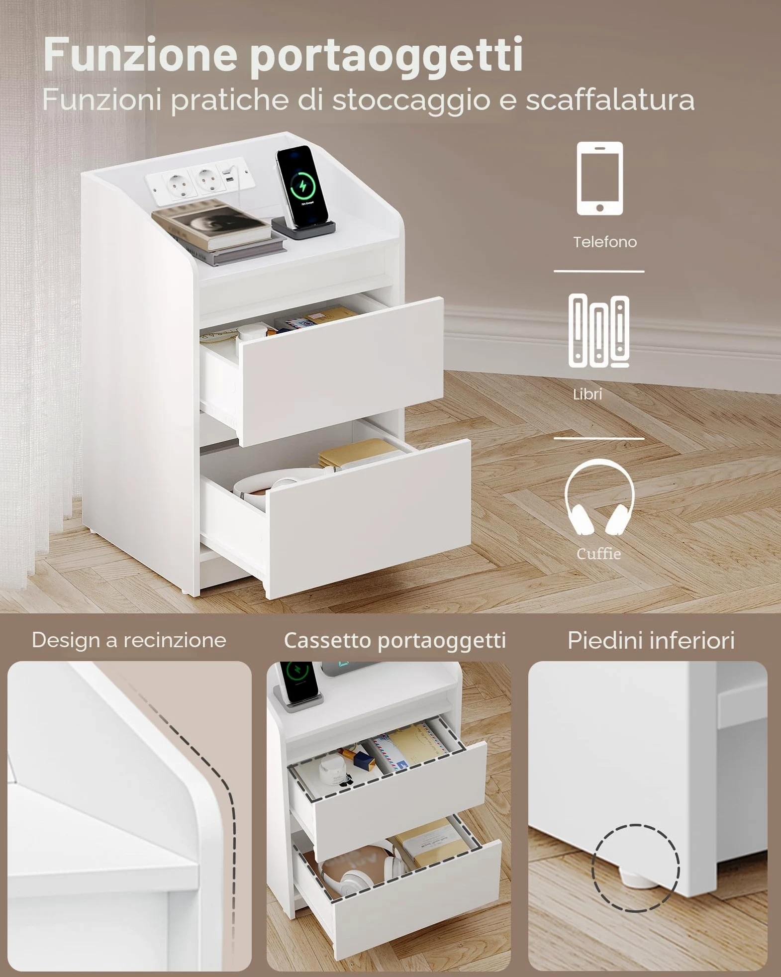 Hzuaneri Comodini set di 2,Luci a LED, Stazione di Ricarica e 2 Cassetti | Tavolino da Notte con Porte USB e Prese di Corrente, Ideale per Soggiorno e Camera da Letto, Bianco NS30103X
