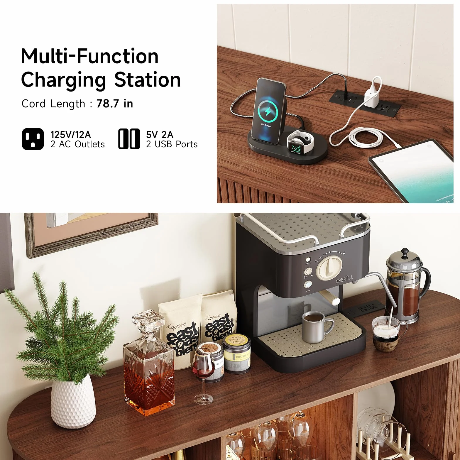 ONBRILL Armadietto da bar con luce a LED, moderna stazione per liquori, whisky, caffè, con portabottiglie e supporto per bicchieri, credenza da buffet per casa, soggiorno, cucina, ingresso (noce)