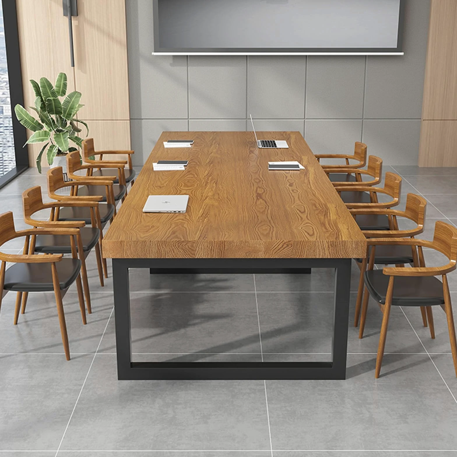 Tavolo da Conferenza in Legno, Tavolo Ufficio in Stile Industriale, Scrivania Lunga, Gambe in Metallo Nero, Adatto per Ristoranti, Cucine e Uffici, può Ospitare da 5 a 10 Persone(Brown,160x80x75cm/63x