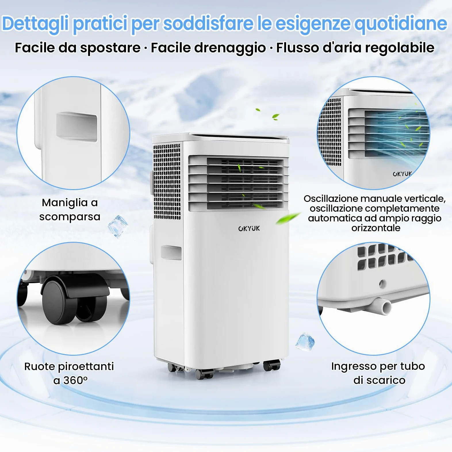 Climatizzatore mobile 7000 BTU con tubo di scarico, climatizzatore mobile 4 in 1, funzionamento silenzioso, display digitale + telecomando, kit di installazione per finestre, timer 24 ore, per stanze