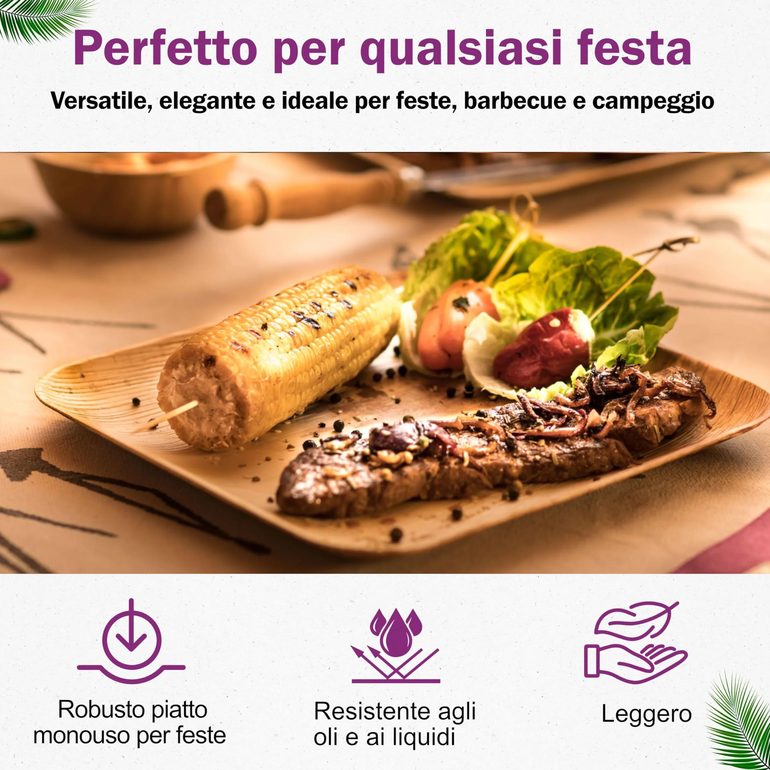 Piatti in Foglia di Palma Biologici 50 Pz Quadrati 23x23 cm Biodegradabili Compostabili