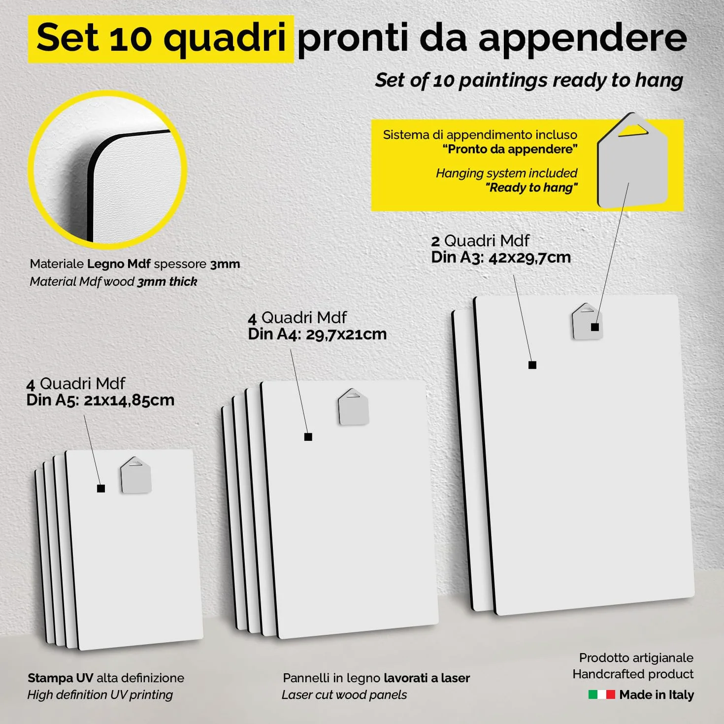 Giallobus Set 10 quadri Multi pannello Fashion Prada Marfa Legno Mdf 42x29,7cm 29,7x21cm 21x14,85cm