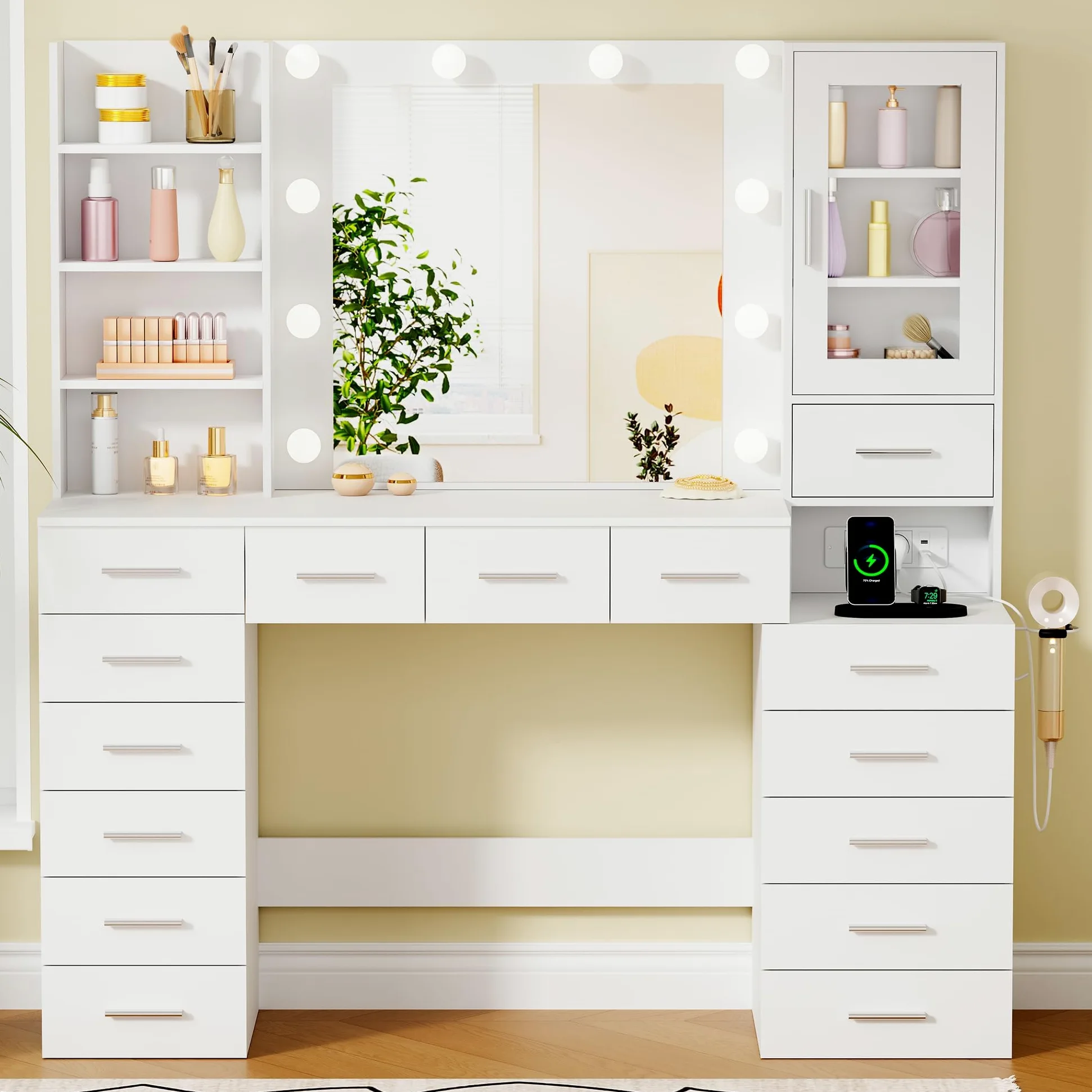 ANWBROAD Grande Toeletta con Specchio e Luci, Luminosità Regolabile, Bianco | Toeletta Trucco con Prese, Tavolo da Trucco con 15 Cassetti e 7 Ripiani Aperti per Camera da Letto Postazione Trucco BDT37W