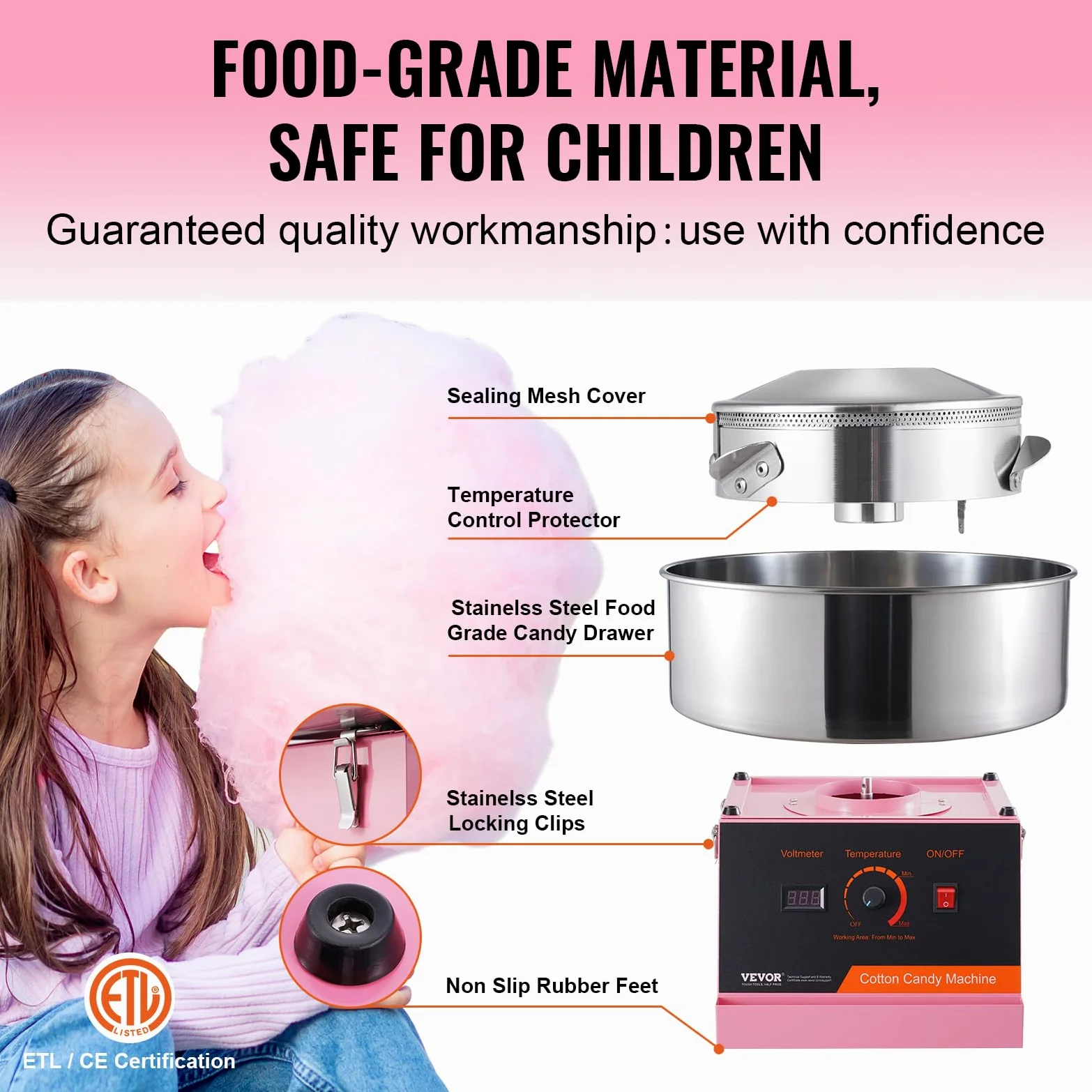 VEVOR Macchina Zucchero Filato Elettrica 1000 W Macchina Zucchero Filato Commerciale, con Ciotola in Acciaio Inossidabile, Paletta per Zucchero, per Compleanno di Bambini, Feste in Famiglia, Rosa