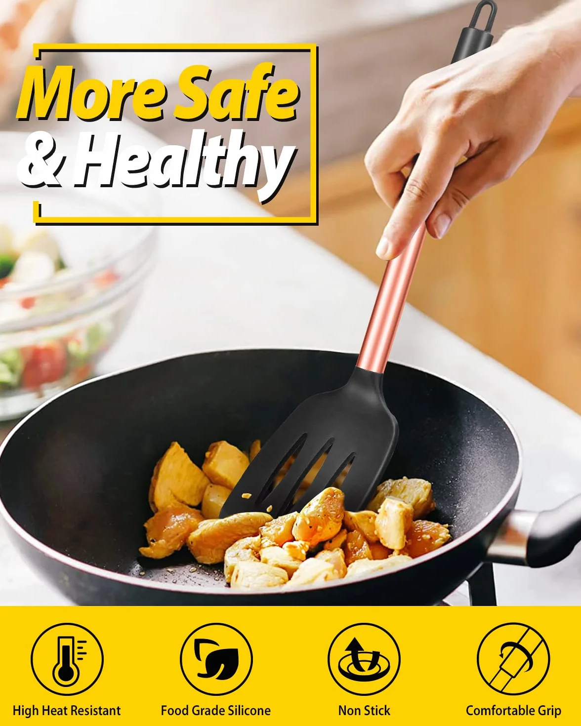 Spatole da cucina in silicone massiccio, antiaderenti, resistenti al calore, senza BPA, oro rosa, confezione da 2