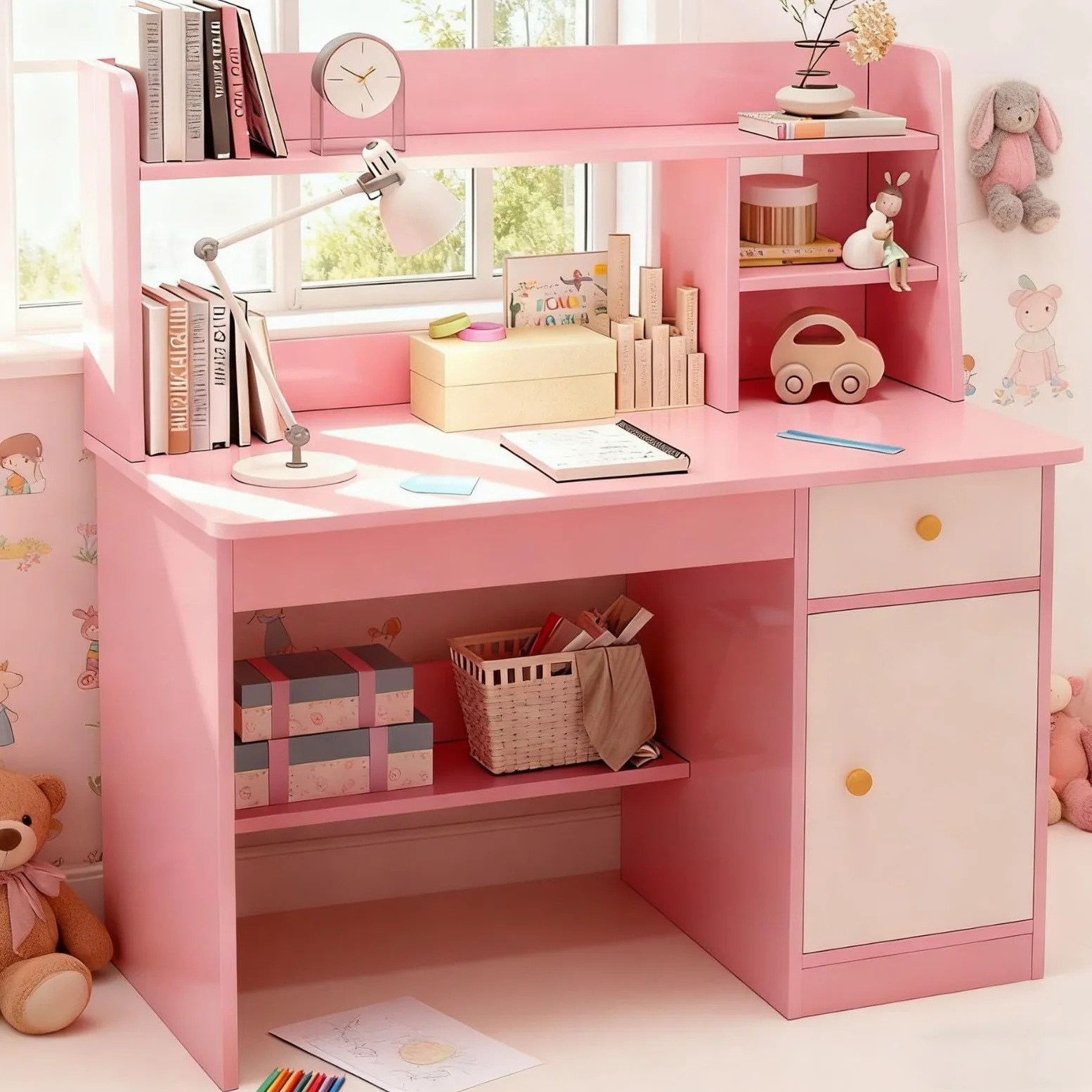 Scrivania In Legno con Ripiani Armadietto Cassetto Tavolo Scrivania per Bambini 3-12 Anni Banco Scuola per Ragazzi In Legno per Cameretta Sala Studio A