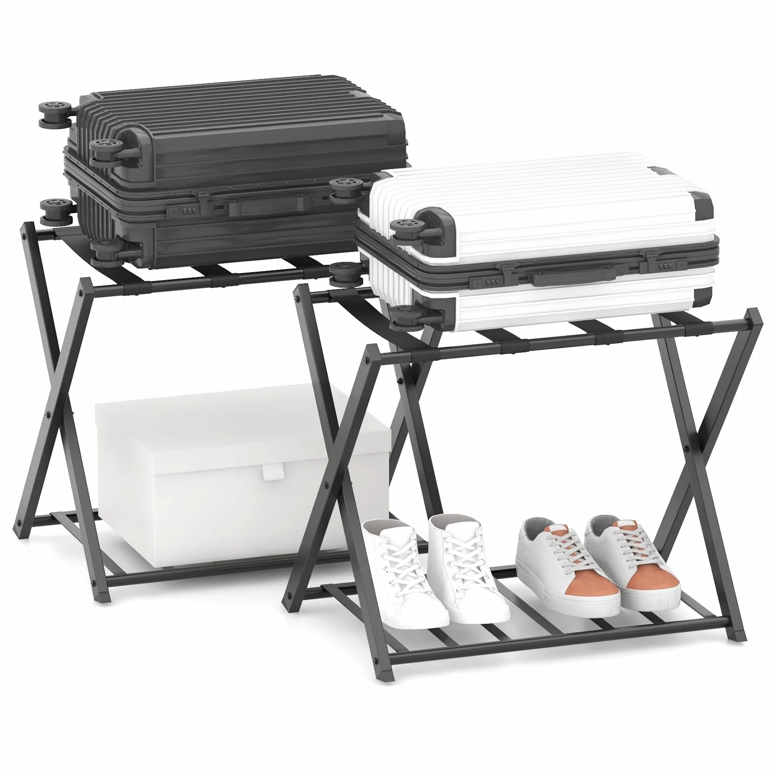COSTWAY Portavaligie Pieghevole 2 Ripiani, Cavalletto da Valigie w Metal, 68 x 43 x 56 cm, Nero