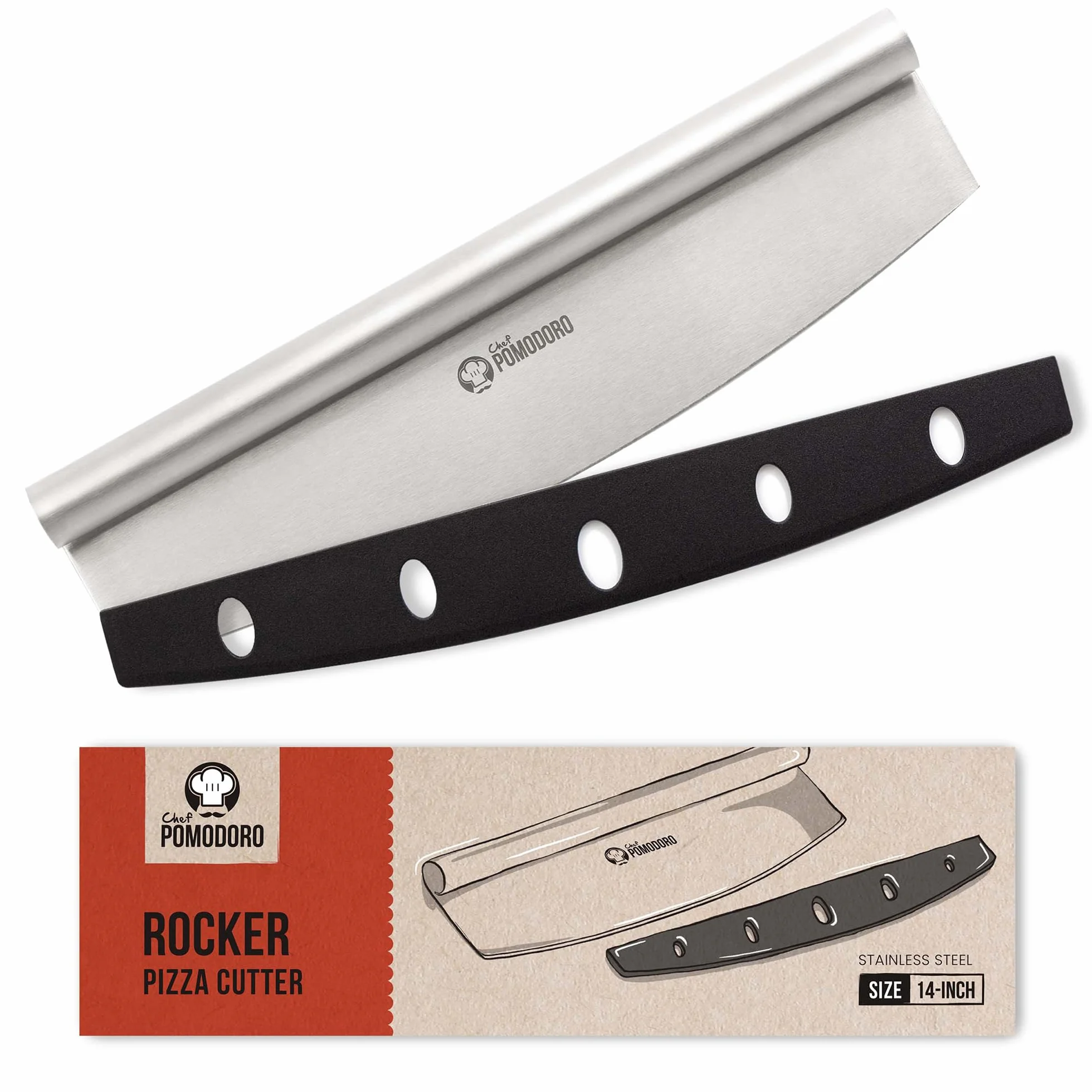 Chef Pomodoro Taglia Pizza da 35,5 cm, Coltello Mezzaluna Tagliapizza con Coprilama di Sicurezza, Mezzaluna Acciaio Inox Professionale, Lunetta per Sminuzzare e Tritare, Lavabile in Lavastoviglie