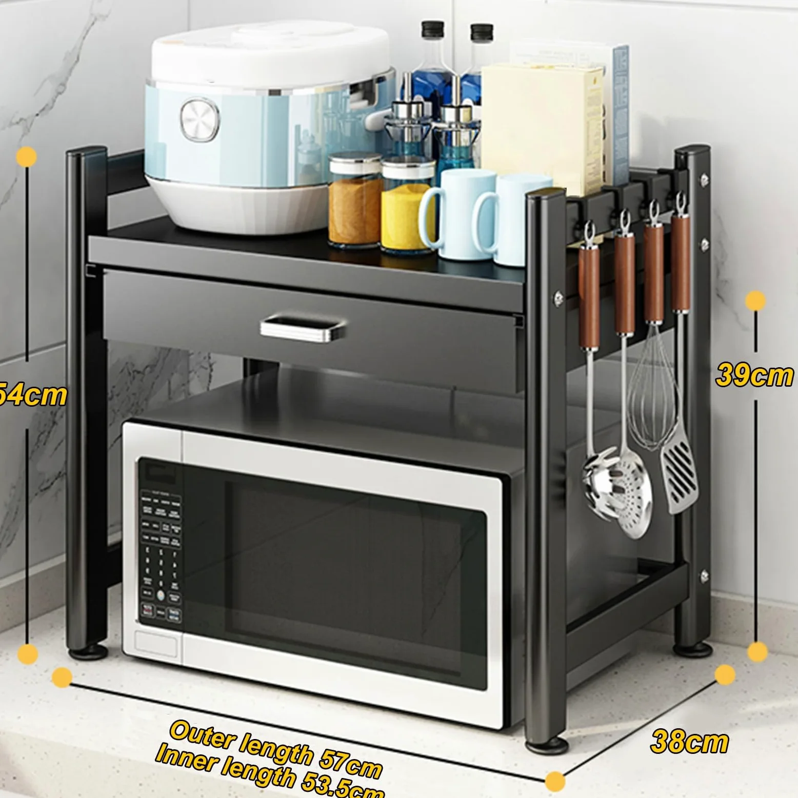 Generico Supporto Per Forno a Microonde da Banco con Cassetto e Gancio, Mensola Microonde, Ripiano Portaoggetti da Cucina In Metallo, Organizer per Ufficio, Salvaspazio, Nero