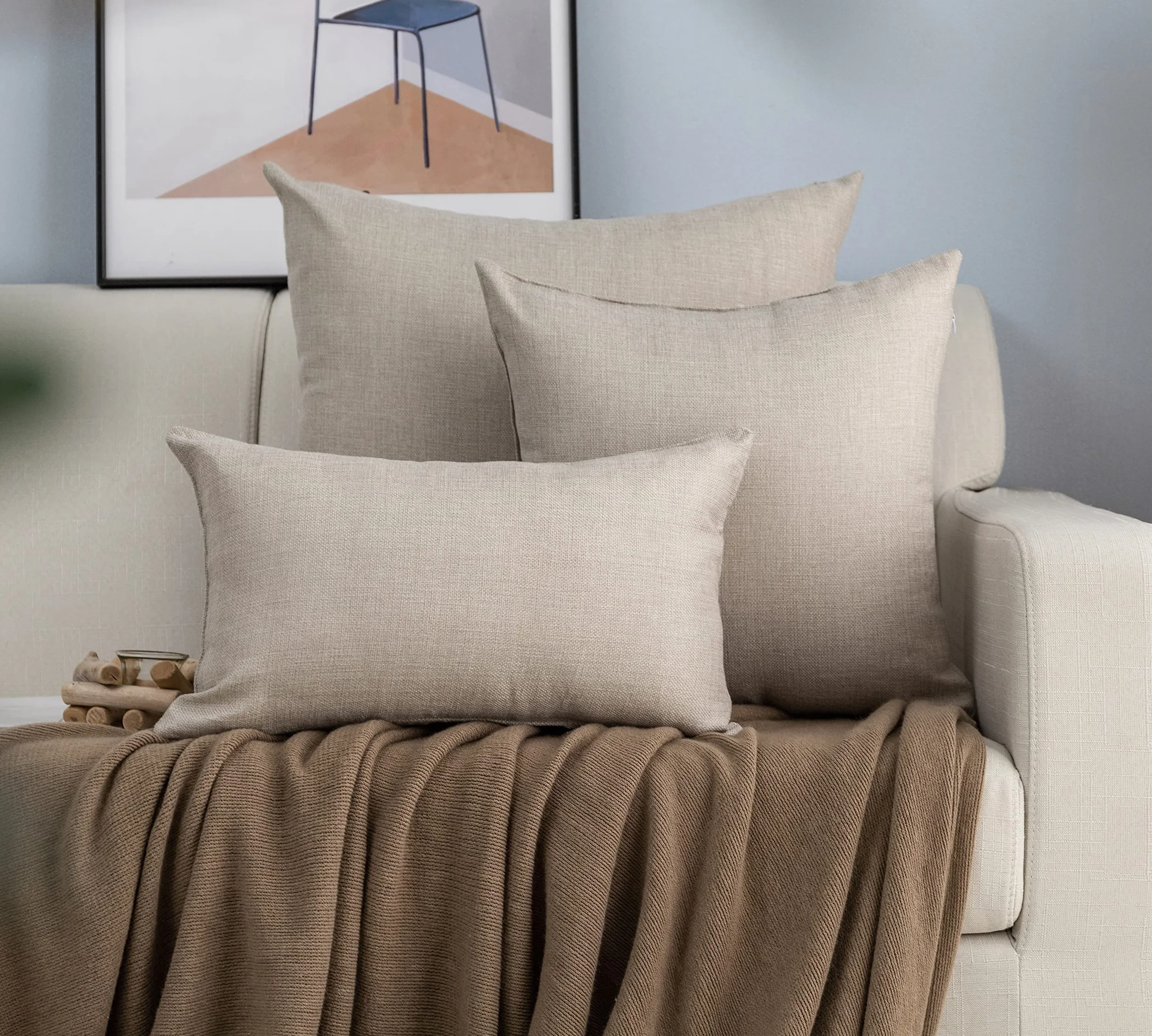 GIRASOLE HOME Coppia Federe Cuscini in Simil Lino Antiacaro e Ipoallergenico Per Divano e Letto Copricuscini Arredamento Casa con Zip Invisibile 2 pezzi (60x60cm, Tortora)