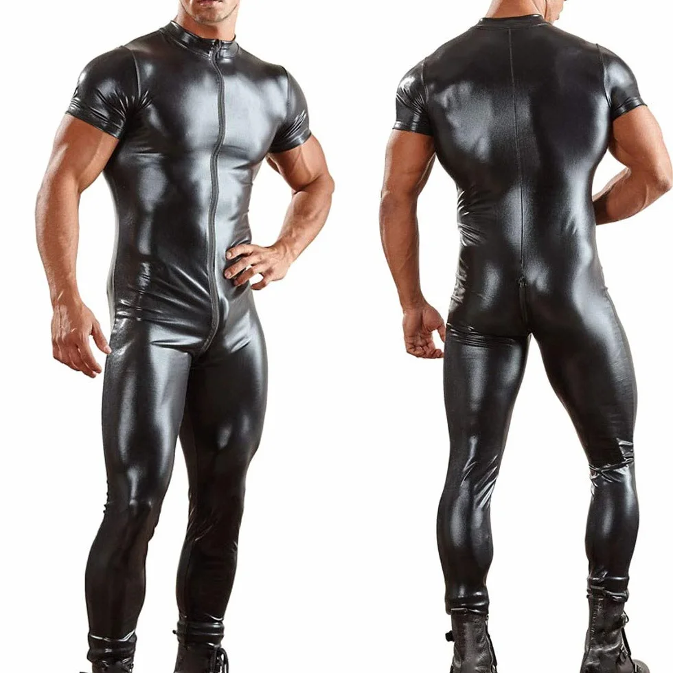 Tuta da uomo, tinta unita, effetto bagnato, body da uomo, in pelle, tuta intera in similpelle, effetto pelle, biancheria intima in pelle sintetica, pantaloni da clubwear