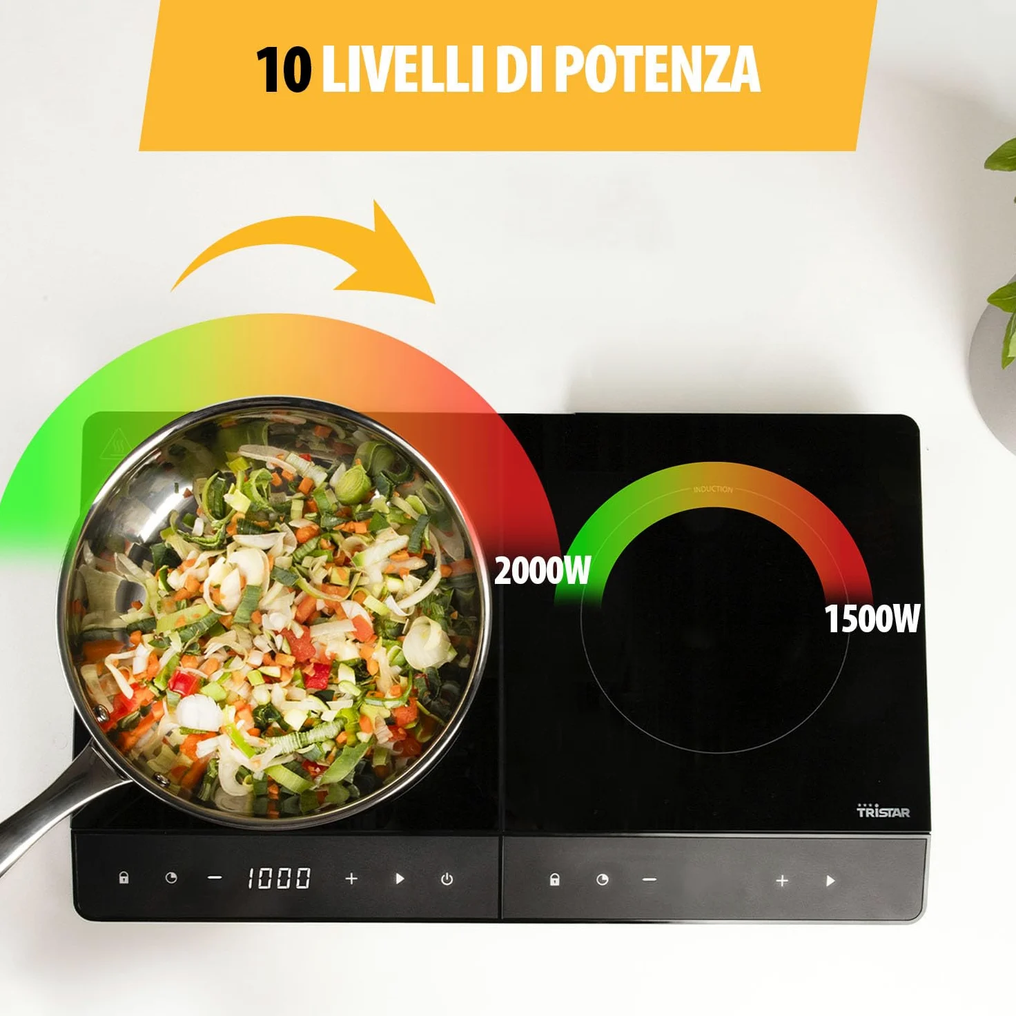 Tristar Fornello a induzione indipendente doppio, nuovo, ⌀19 e ⌀16 cm, 10 livelli di potenza, 3500 W, efficienza energetica, timer integrato, con protezione da surriscaldamento, IK-6162