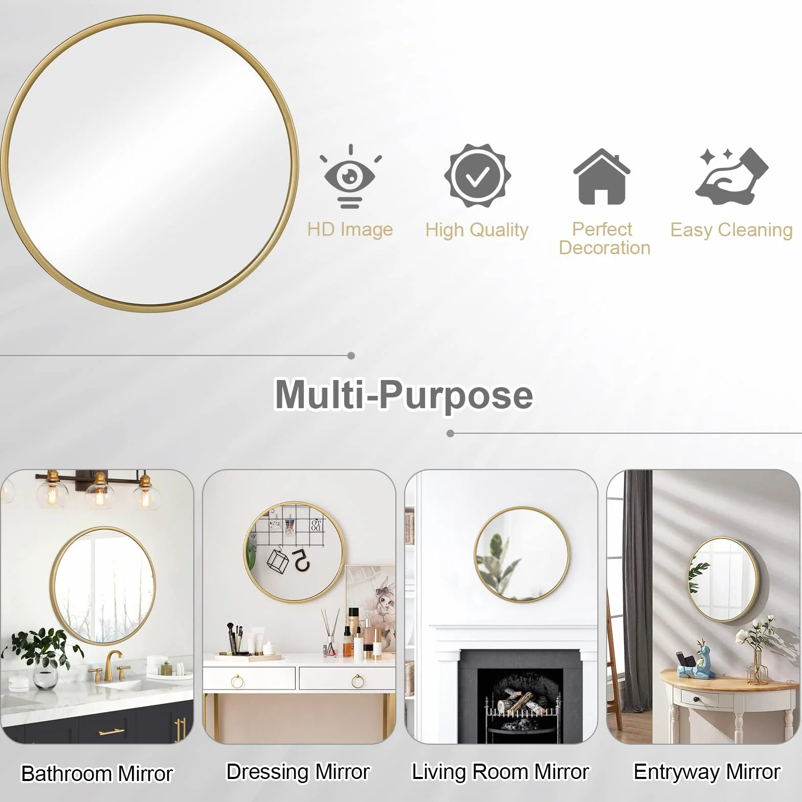 WOLTU Specchio da Parete,Tondo, Cornice in Metallo Antiruggine, Decorativo per Bagno con Immagine Nitida, Ideale per Trucco e Arredamento Moderno, Ingresso, Specchio Bagno, Rotondo Dorato 60cm