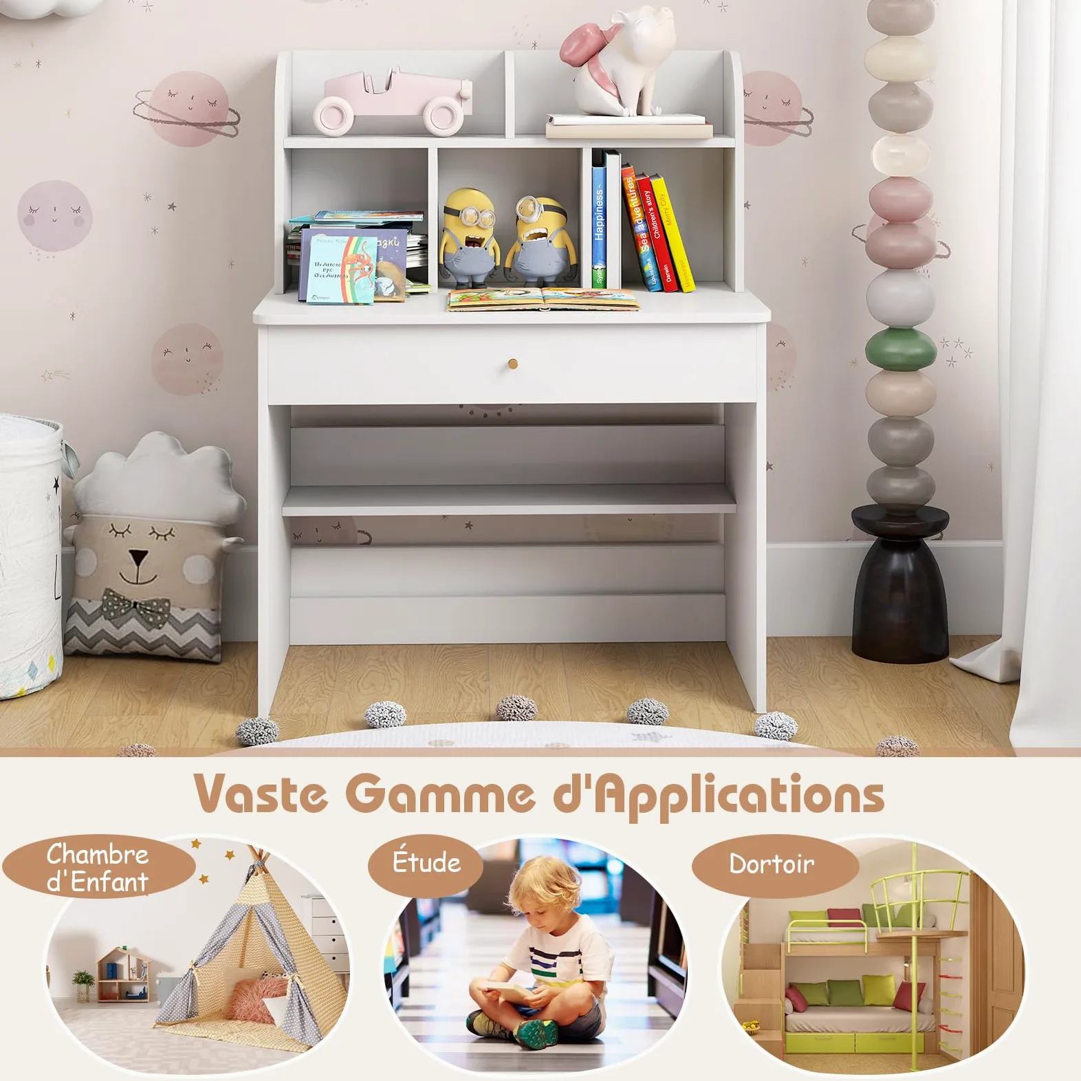 RELAX4LIFE Scrivania per Bambini con Spazio di Stoccaggio, Tavolo da Scrittura in Legno con Cassetto e Ripiano Aperto, Postazione di Lavoro per Studenti a Domicilio per Bambini 3+ (Bianco)