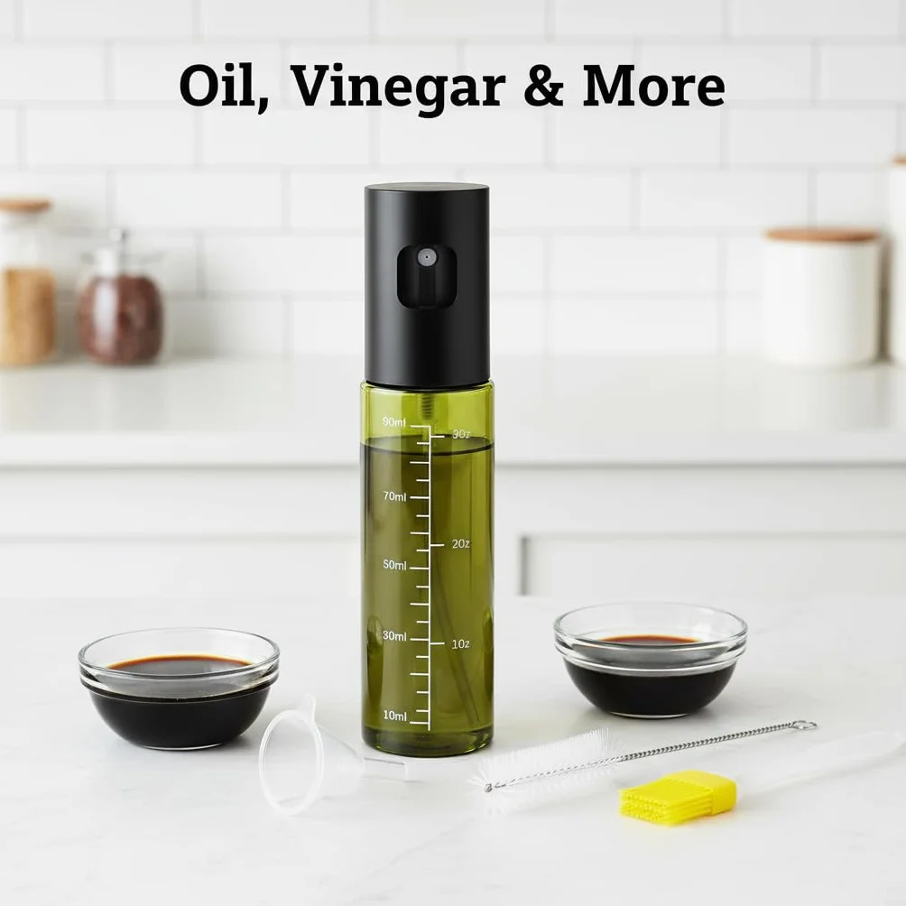 Spruzzatore Olio per Cucina in Vetro BPA Free con Scala, Imbuto e Spazzola - Oliera Spray per Air Fryer, BBQ, Insalata