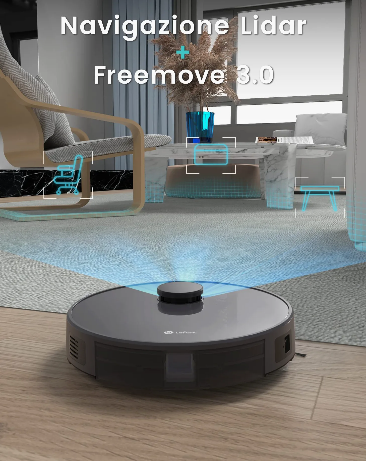 Lefant M1 Robot Aspirapolvere Lavapavimenti con Mappatura Laser dToF, Doppia Spazzola Laterale, 5500Pa, Batteria 4000mAh 200 Min, Controllo APP Alexa Google, Design Slim per Case Moderne, Grigio