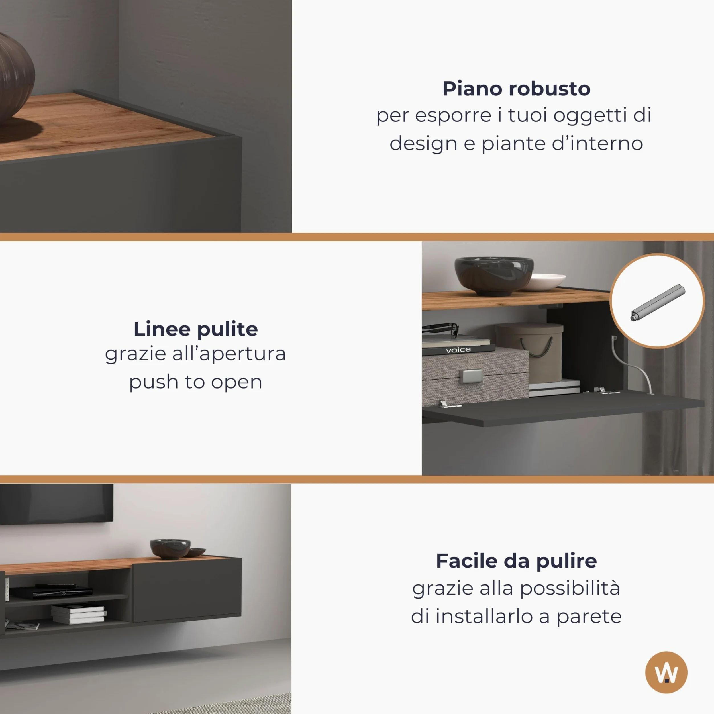 WHOUS Mobile Porta TV Sospeso GARDA per Soggiorno con 2 Ante a Ribalta e 1 Ripiano Centrale, Mobile Tv a Parete per Salotto, 210x35x30 cm, Antracite Opaco e Rovere